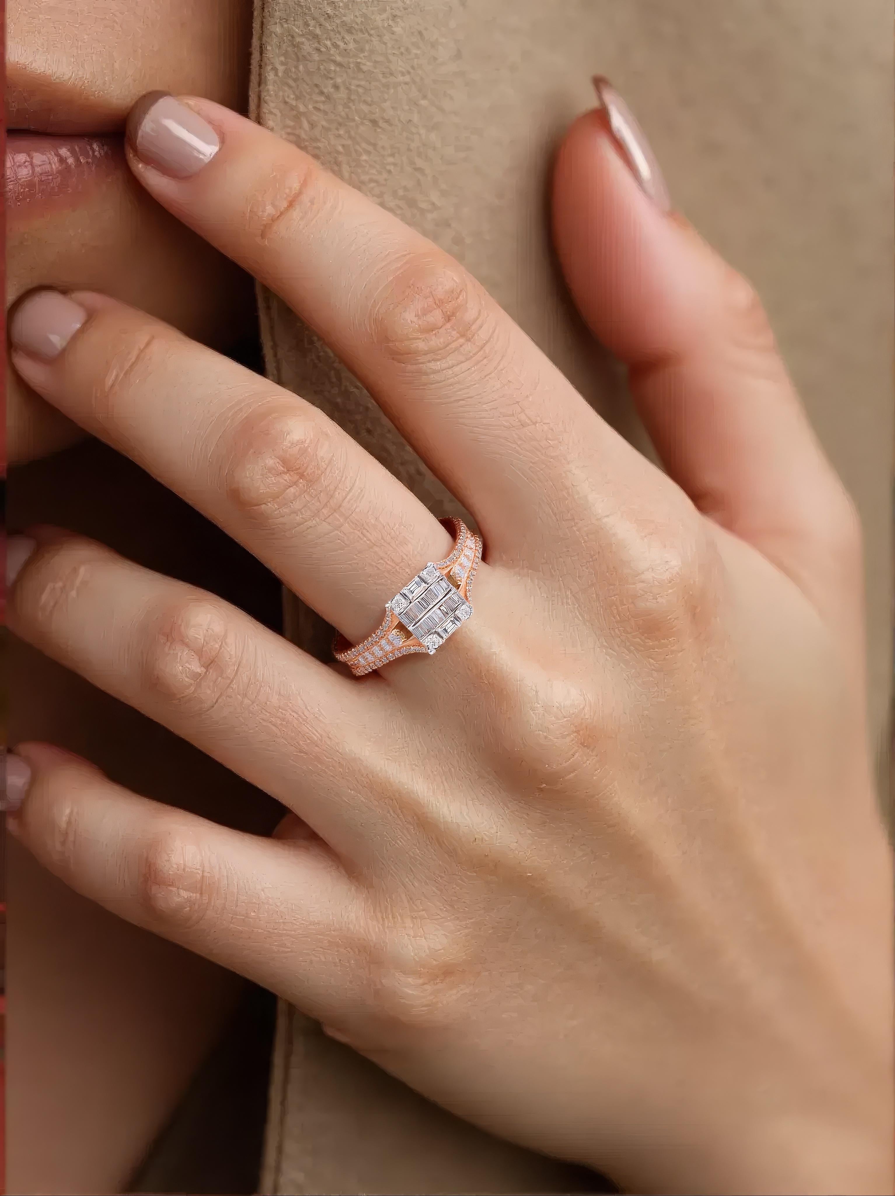 For Sale:  1.50 Ct SI /HI Baguette Round Cluster Diamond Two Tone Ring 14 Karat Rose Gold 2