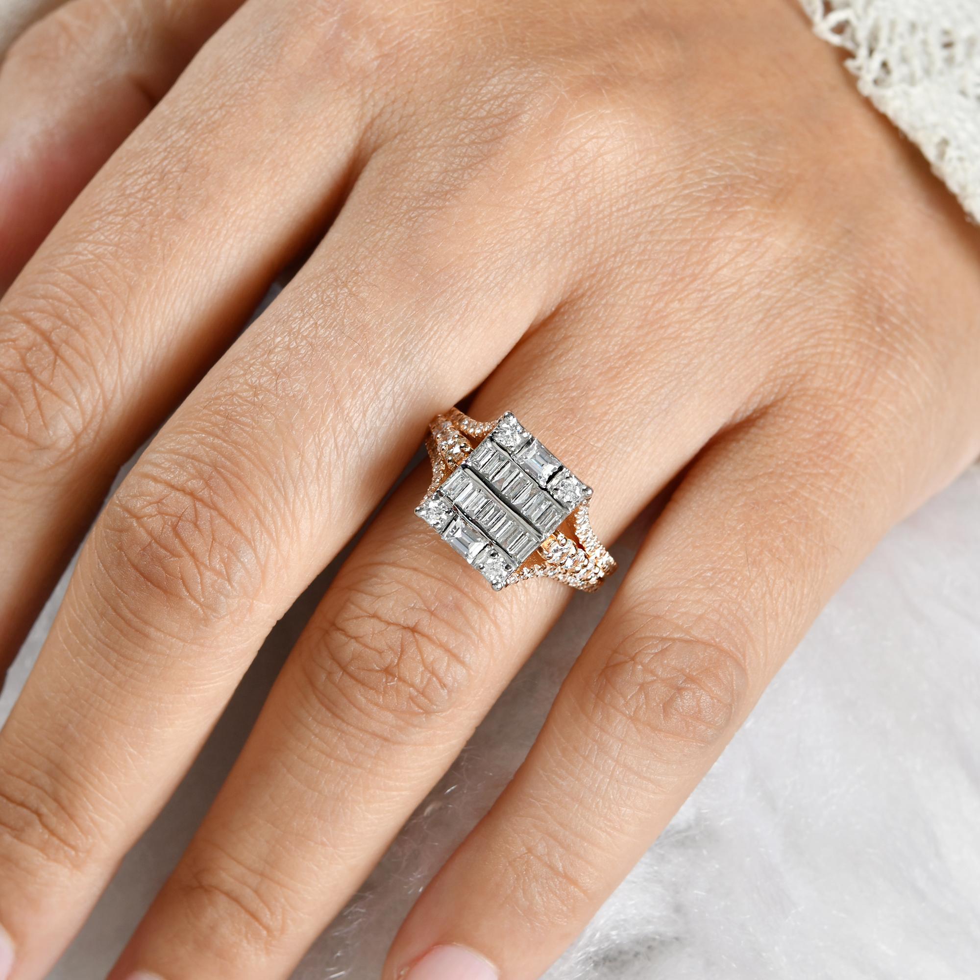 For Sale:  1.50 Ct SI /HI Baguette Round Cluster Diamond Two Tone Ring 14 Karat Rose Gold 6
