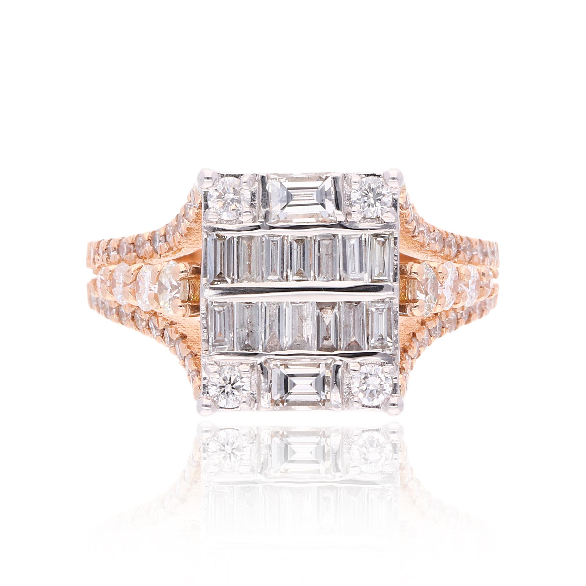 For Sale:  1.50 Ct SI /HI Baguette Round Cluster Diamond Two Tone Ring 14 Karat Rose Gold 8