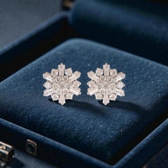 1.50 Cts F/VS1 Round & Baguette Diamonds Snowflake Stud Earrings 18K White Gold