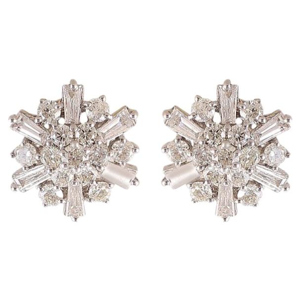 1.50 Cts F/VS1 Round & Baguette Diamonds Snowflake Stud Earrings 18K White Gold