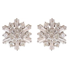 1.50 Cts F/VS1 Round & Baguette Diamonds Snowflake Stud Earrings 18K White Gold