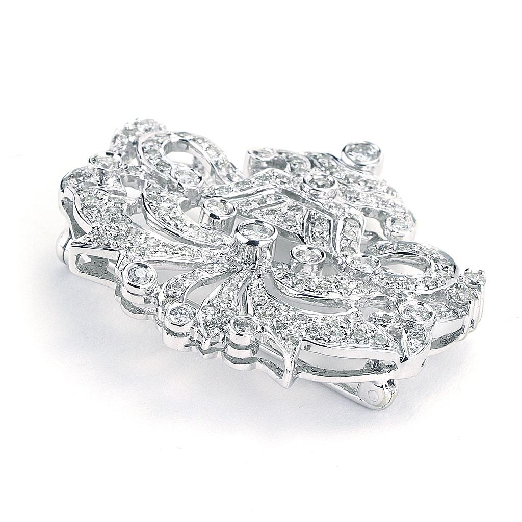 Art Deco 1.50 CTTW Scroll Design Diamond Pin Brooch In 18K White Gold For Sale