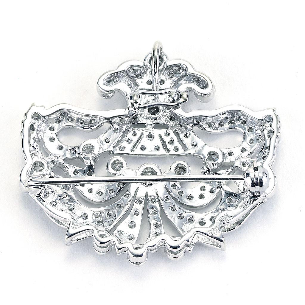 Round Cut 1.50 CTTW Scroll Design Diamond Pin Brooch In 18K White Gold For Sale