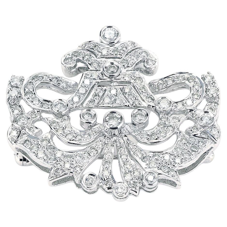 1.50 CTTW Scroll Design Diamond Pin Brooch In 18K White Gold For Sale