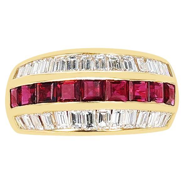 1.50 Ctw. Diamond and 1.22 Ctw. Ruby Three Row Estate Ring, 18K For Sale