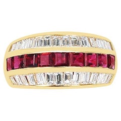 1.50 Ctw. Diamond and 1.22 Ctw. Ruby Three Row Estate Ring, 18K