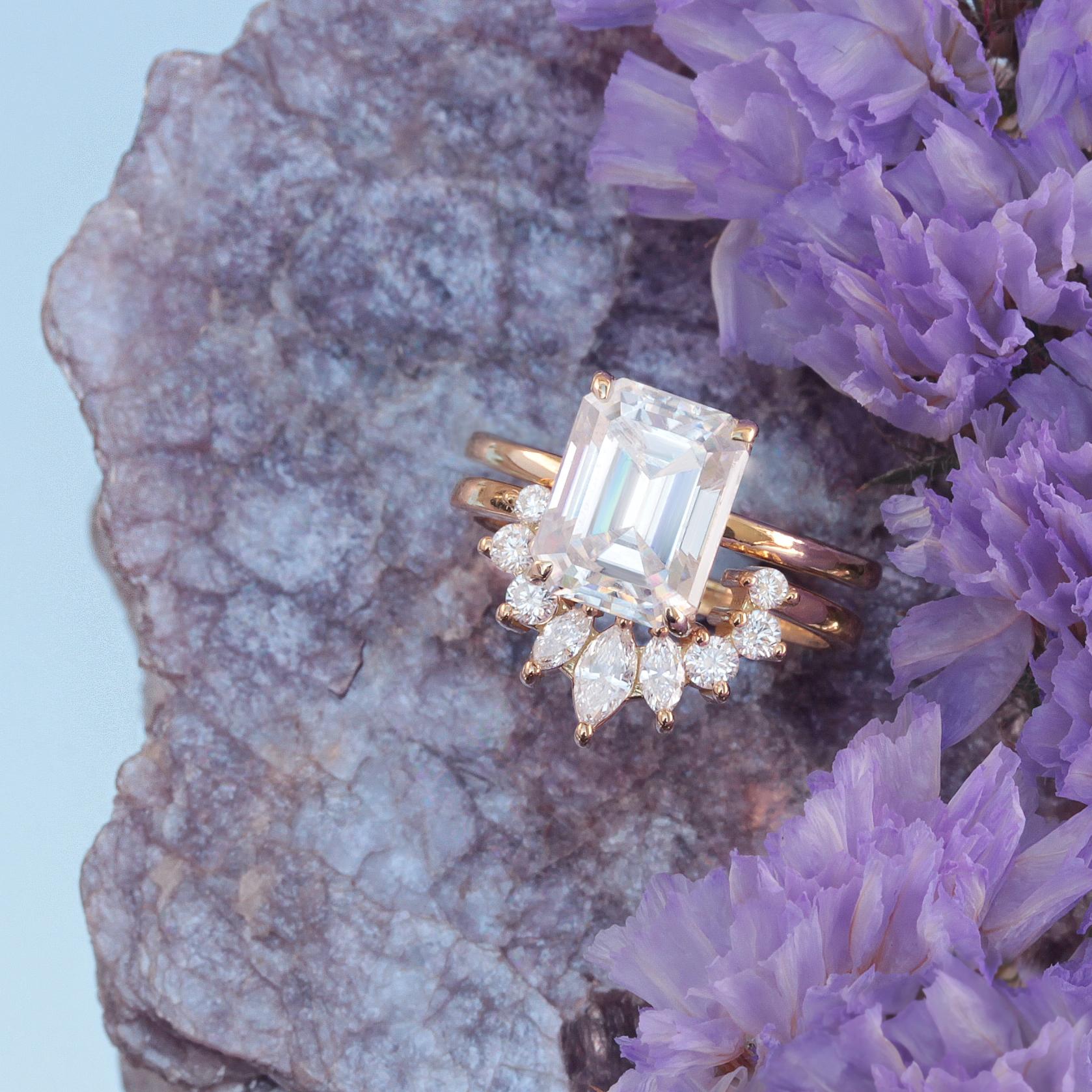 Art Deco 1.50 Emerald Cut Solitaire Diamond Engagement Two Ring Set 