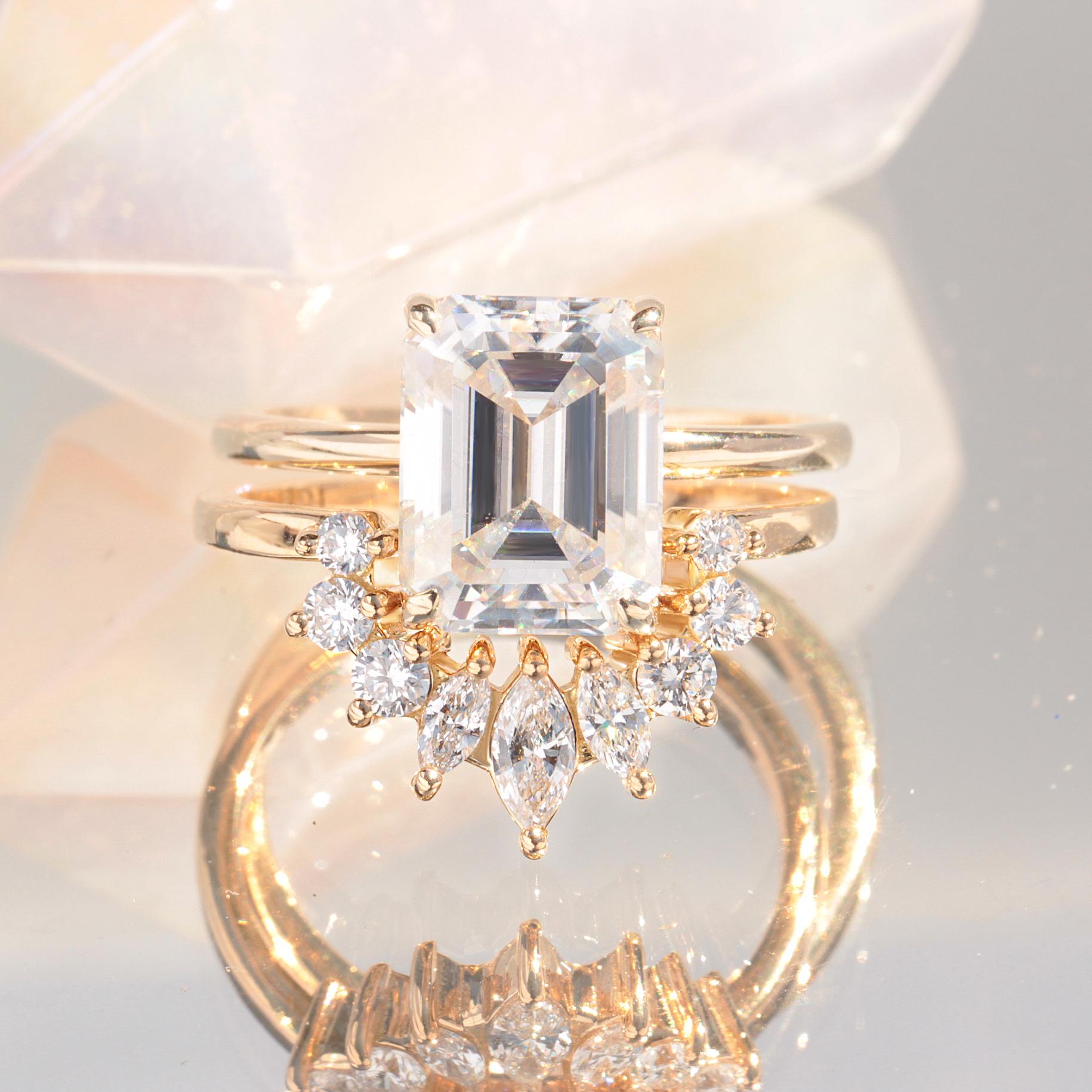 1.50 Emerald Cut Solitaire Diamond Engagement Two Ring Set 