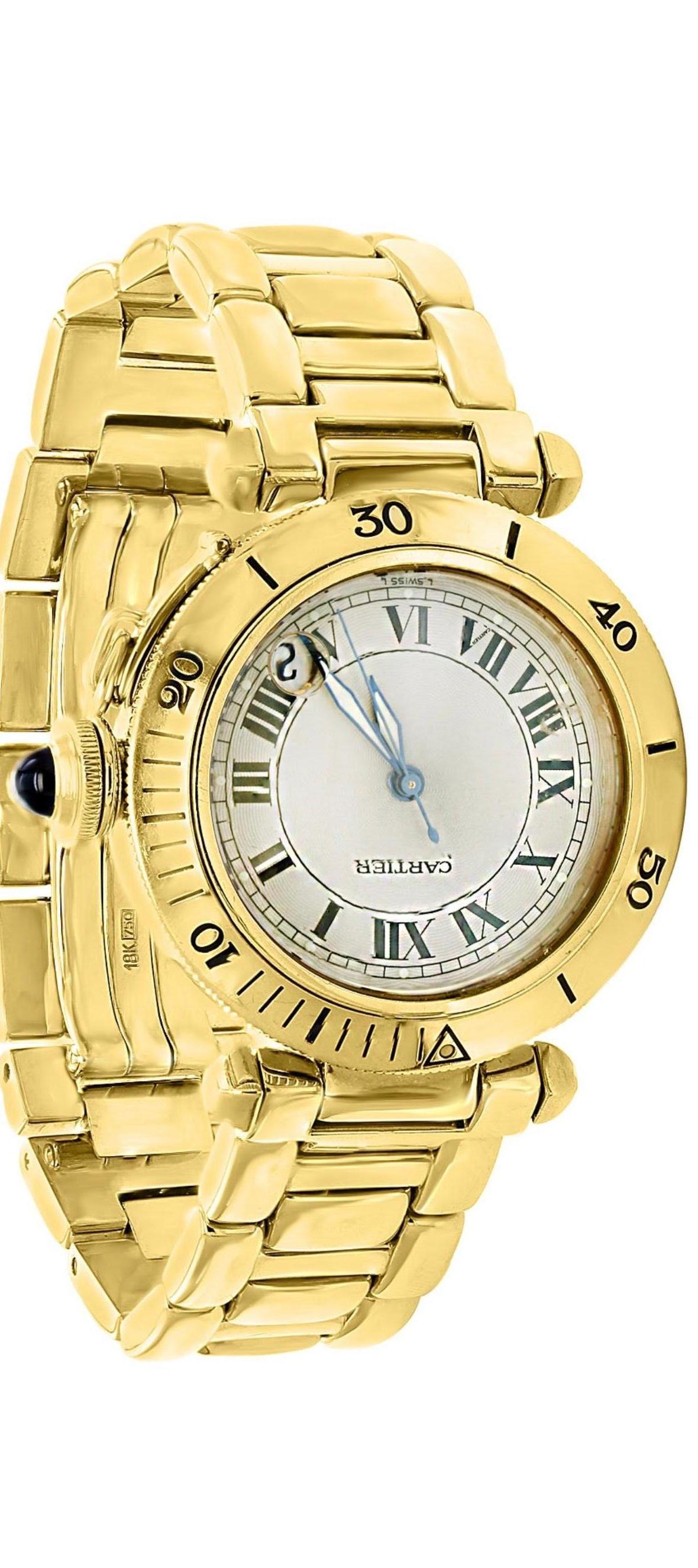 150 Gm 18 Karat Solid Yellow Gold Cartier  Pasha Automatic Watch 
Brand	Cartier
Model	Pasha
Water RESISTANT 330FT/100M
18k
1035
MG 235188
Case material	Yellow gold
Bracelet material	Yellow Gold
Gender	Men's watch/Unisex
Movement	Automatic
Case