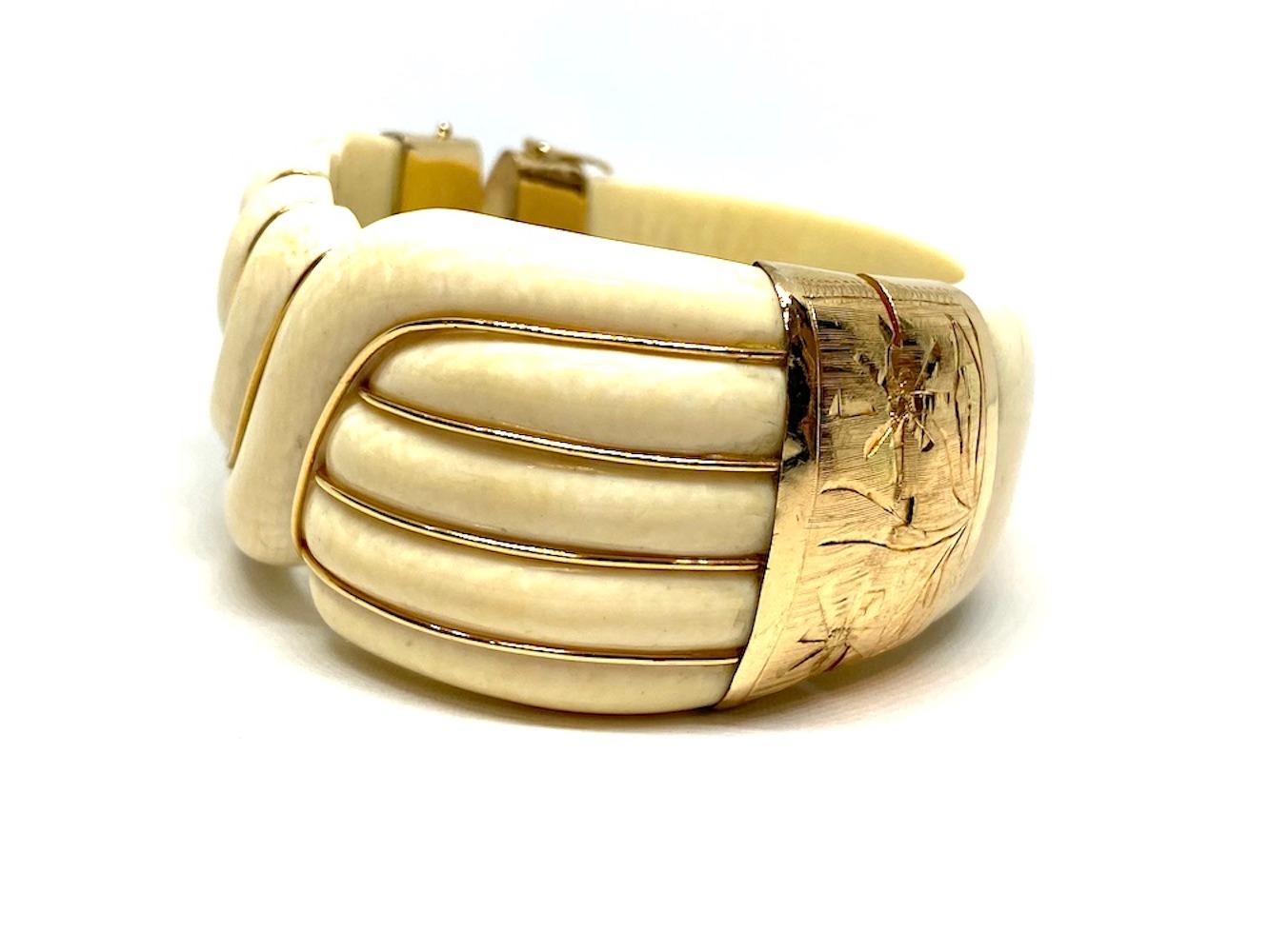 Large Ivory Bakelite Dome Bangle 14 Karat Yellow Gold
Beautiful, Convex shaped or dome style wide bangle measures 1.50