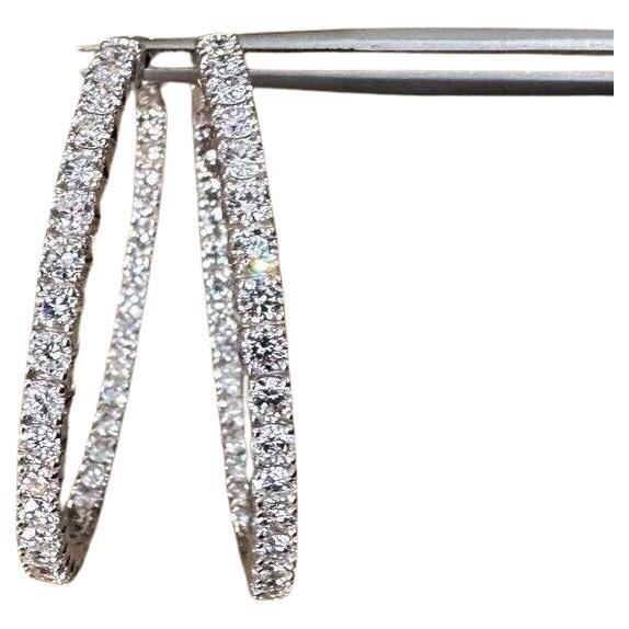 1.50" Round Inside-out Single Row Diamond Hoop Earrings in 14k White Gold For Sale