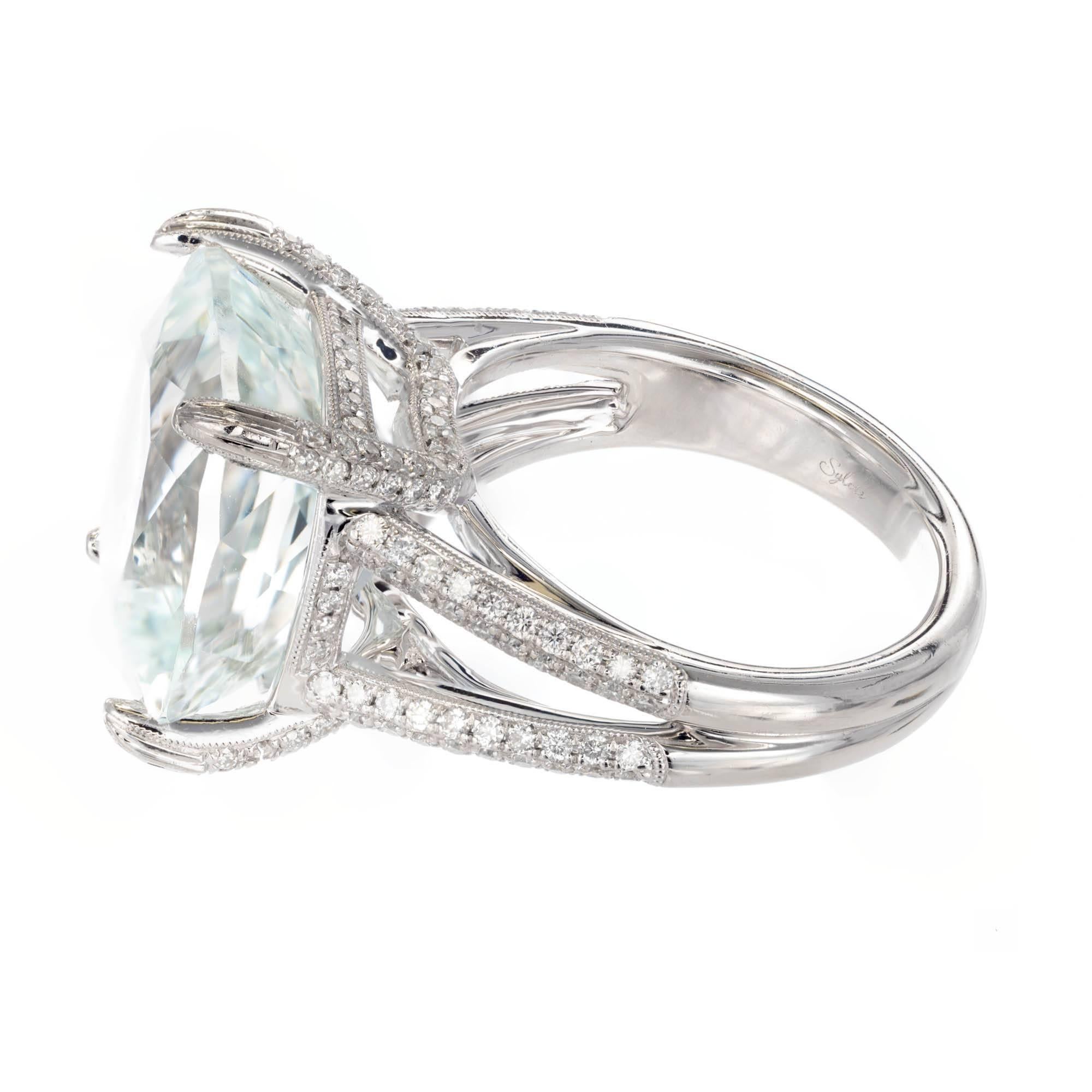 Cushion Cut 15.00 Carat Aquamarine Micro Pave Diamond Platinum Cocktail Ring