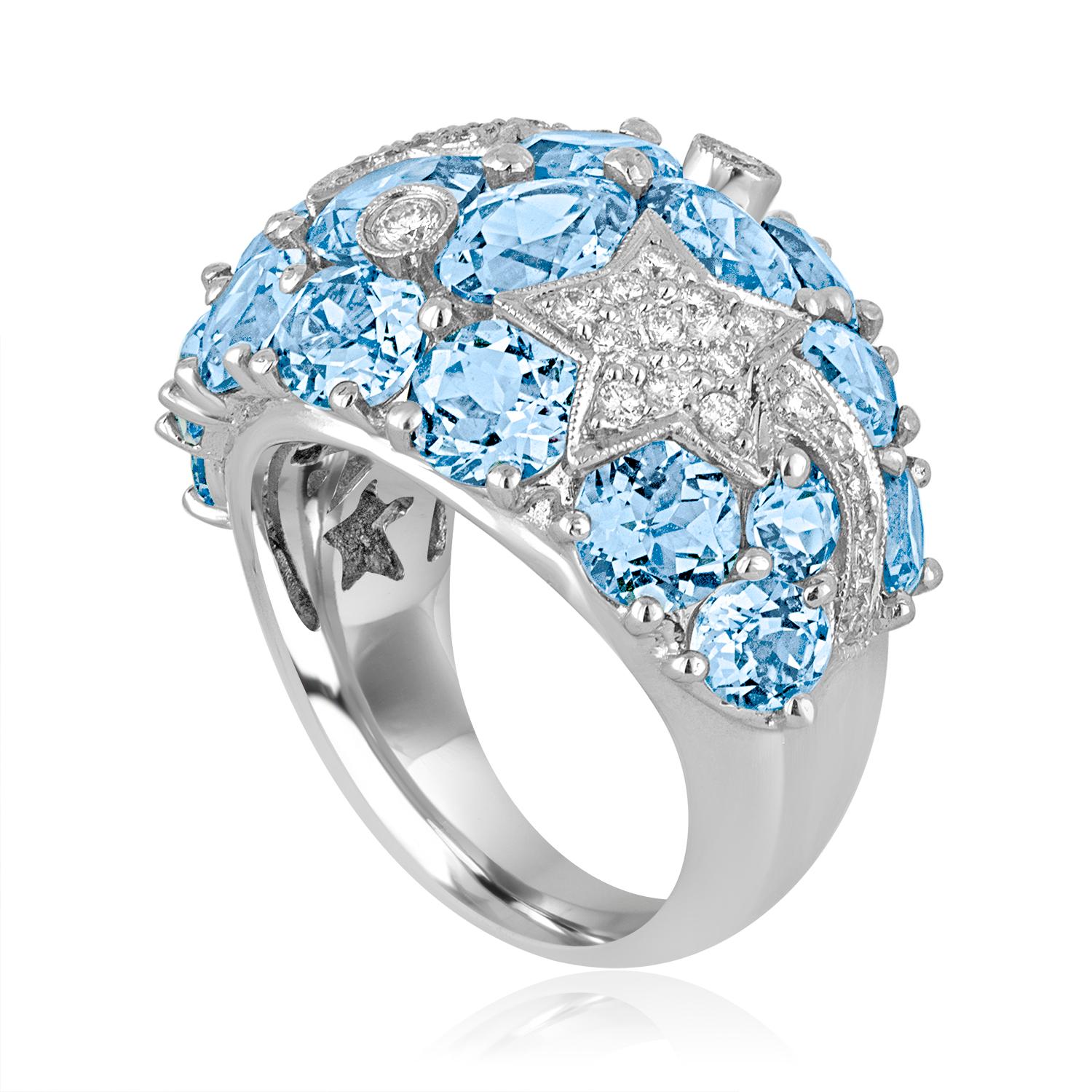 Fun Dome Ring
The ring is 18K White Gold
There are 0.50 Carts in Diamonds G SI
There are 15.00 Carats In Blue Topaz
The ring is a size 6.75, sizable.
The ring weighs 12.7 grams