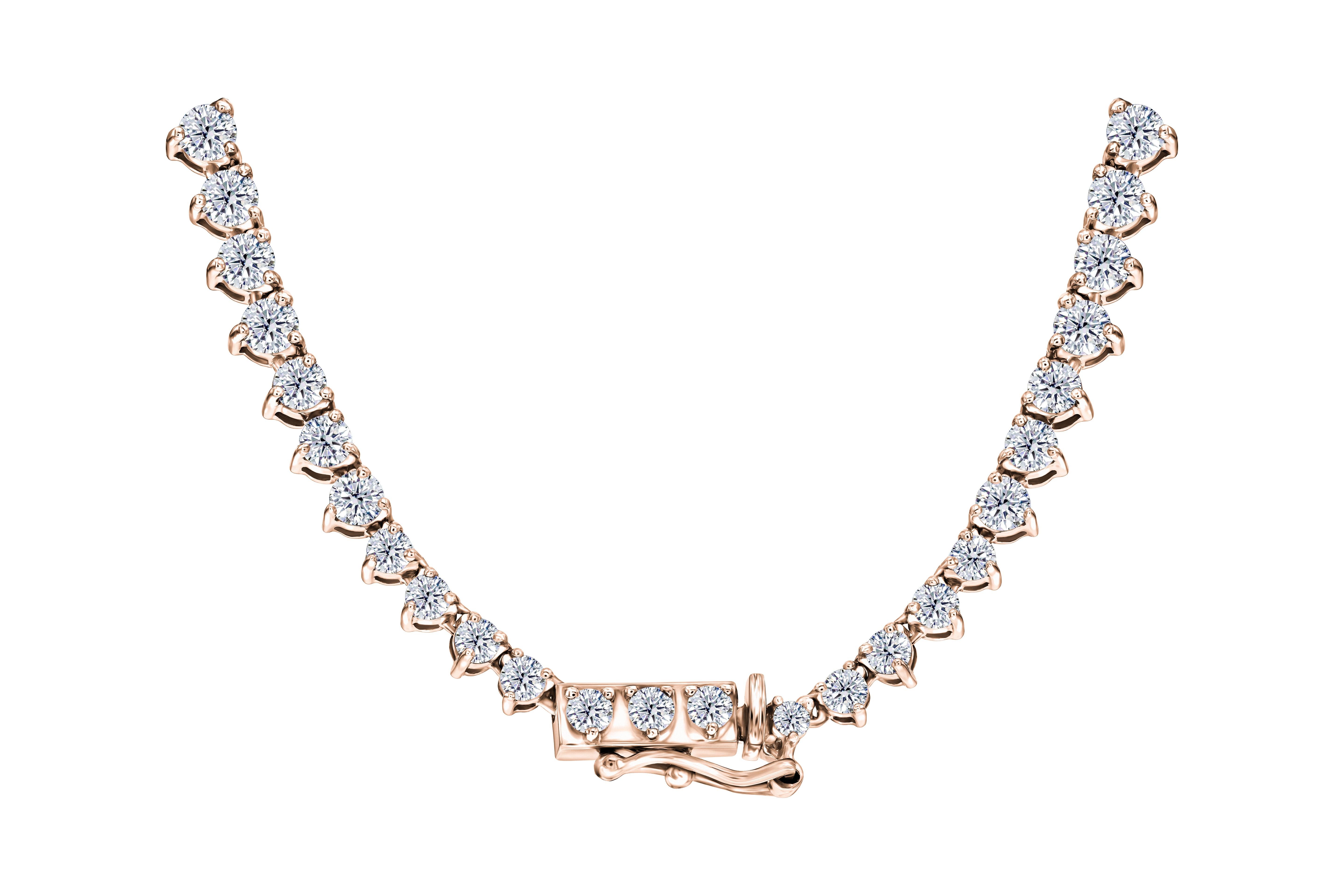 Contemporary 15.00 Carat Diamond Riviera Three Claw 18 Karat Rose Gold Tennis Line Necklace For Sale