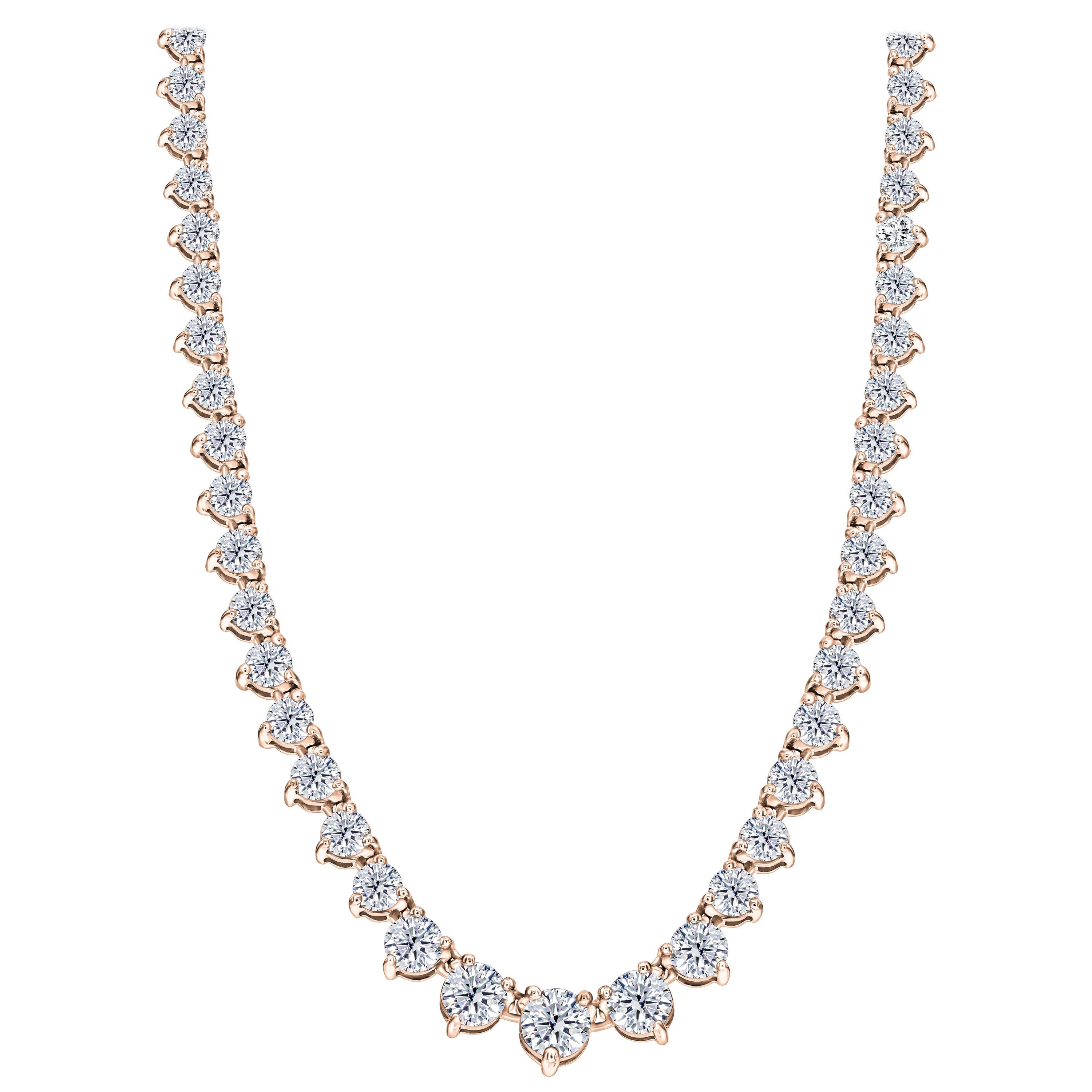 15.00 Carat Diamond Riviera Three Claw 18 Karat Rose Gold Tennis Line Necklace