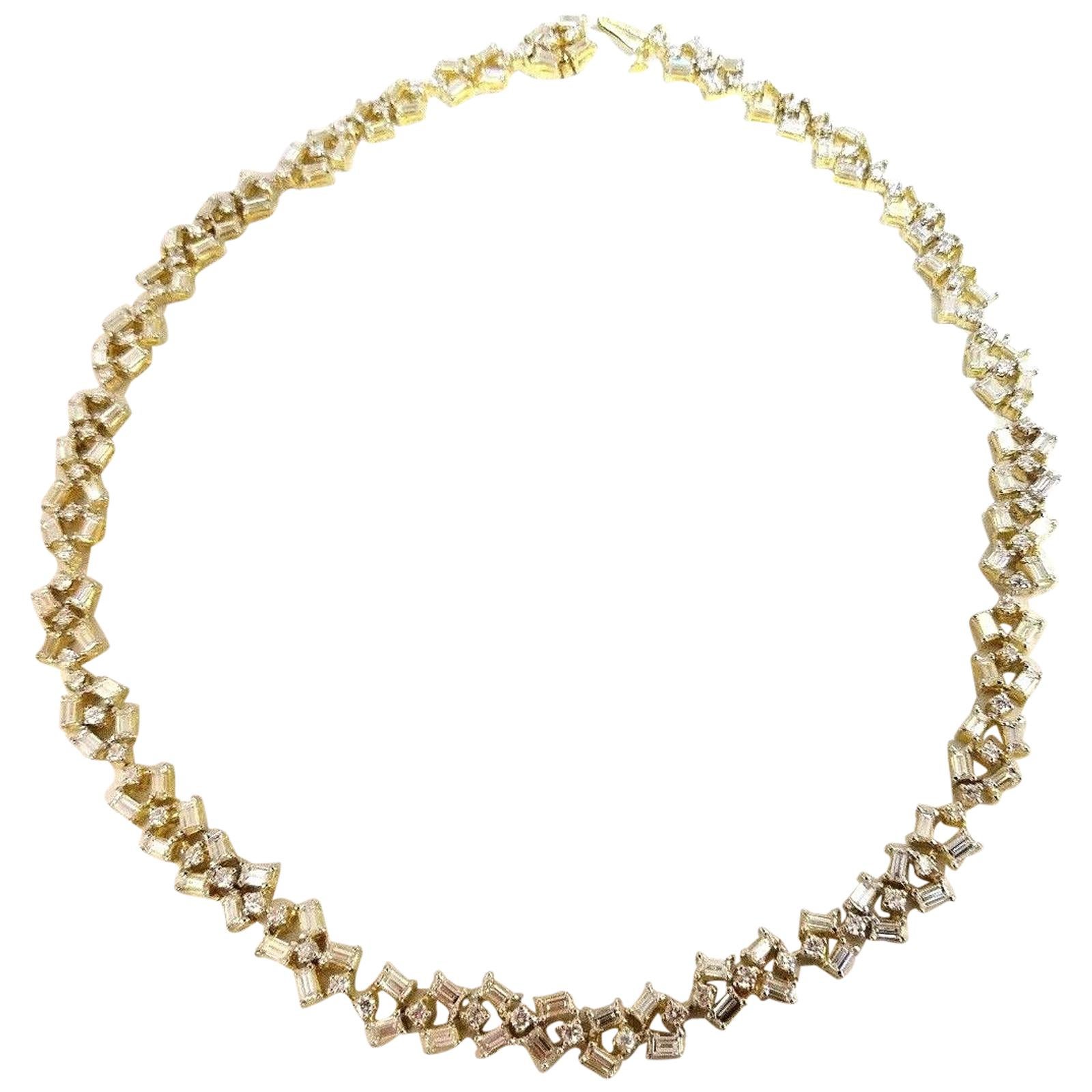 Collier d'éternité Riviera en or 18 carats avec diamants baguettes et ronds de 15 carats