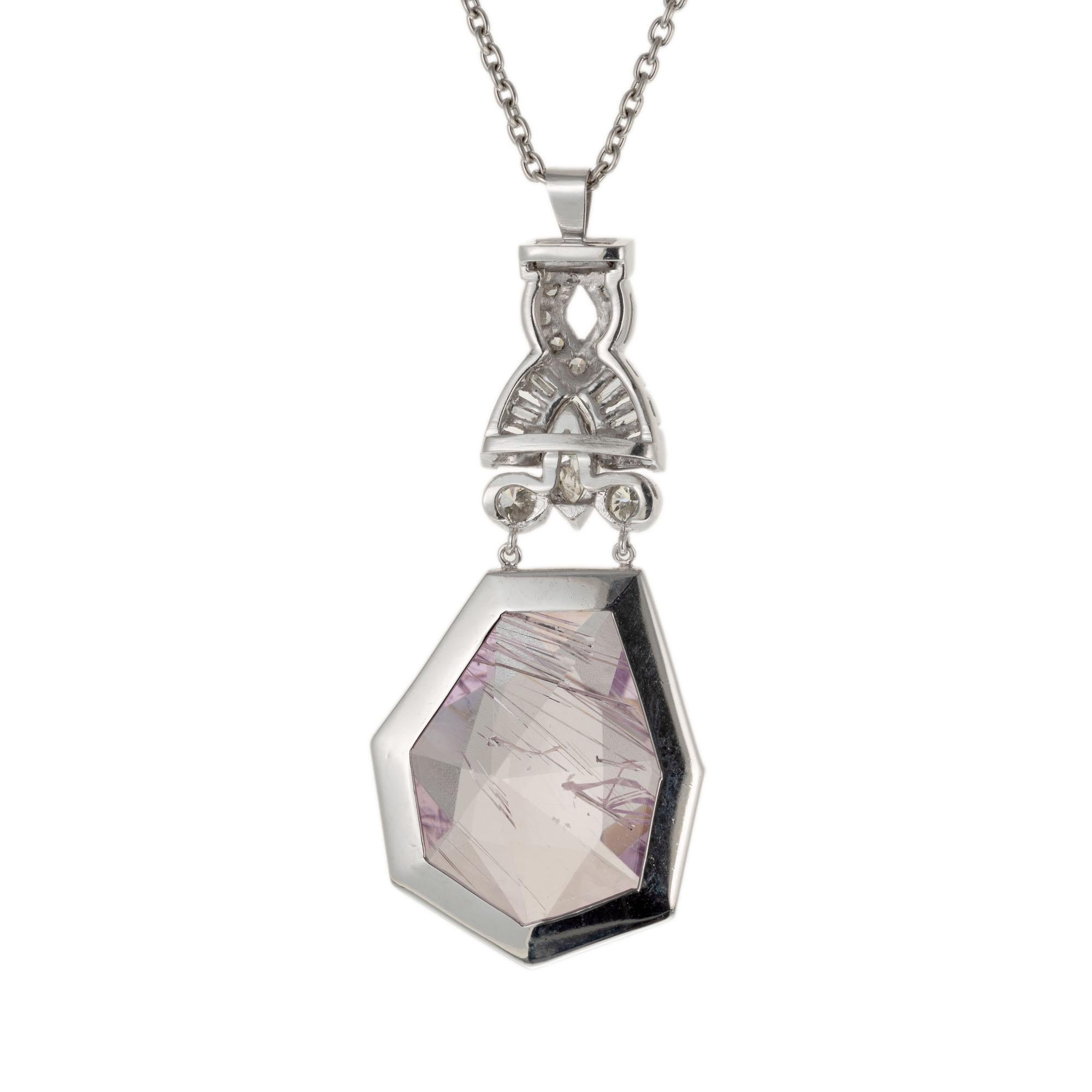Taille ronde 15.00 Carat Geometric Kunzite Diamond Platinum Art Deco Pendant Necklace en vente