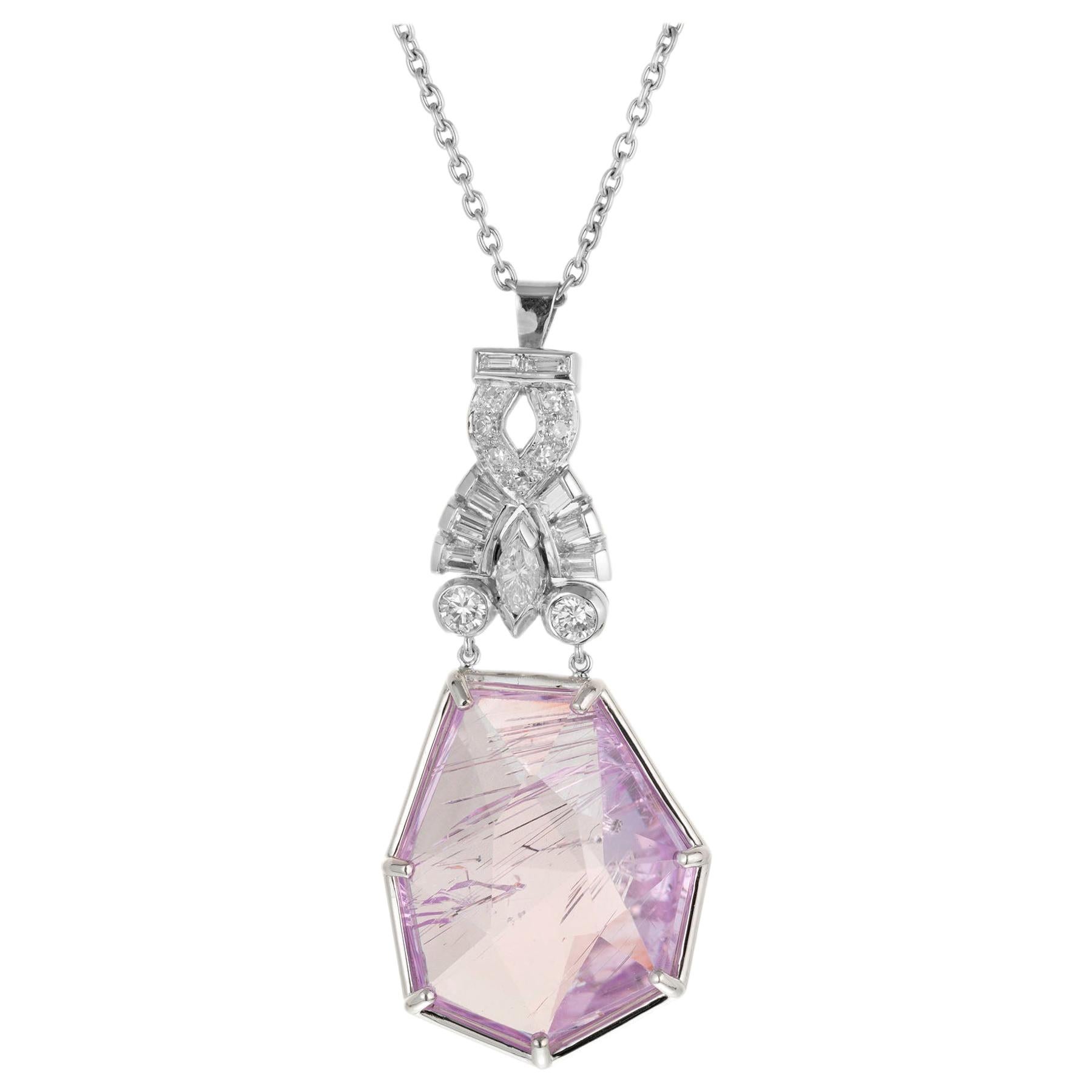 15.00 Carat Geometric Kunzite Diamond Platinum Art Deco Pendant Necklace For Sale