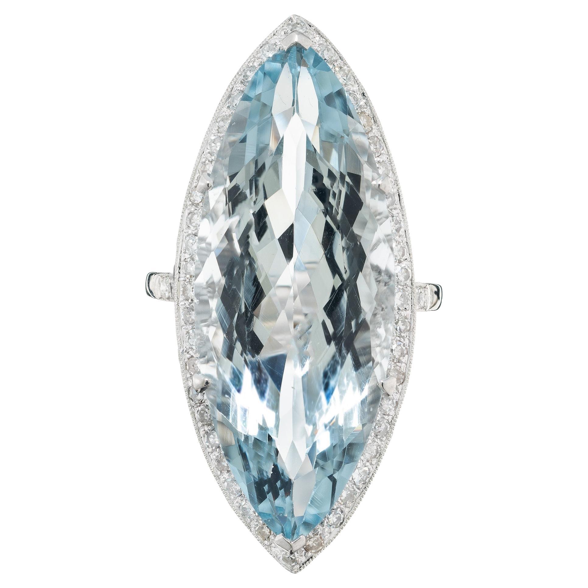 15.00 Carat Marquise Aquamarine Diamond Sapphire White Gold Cocktail Ring