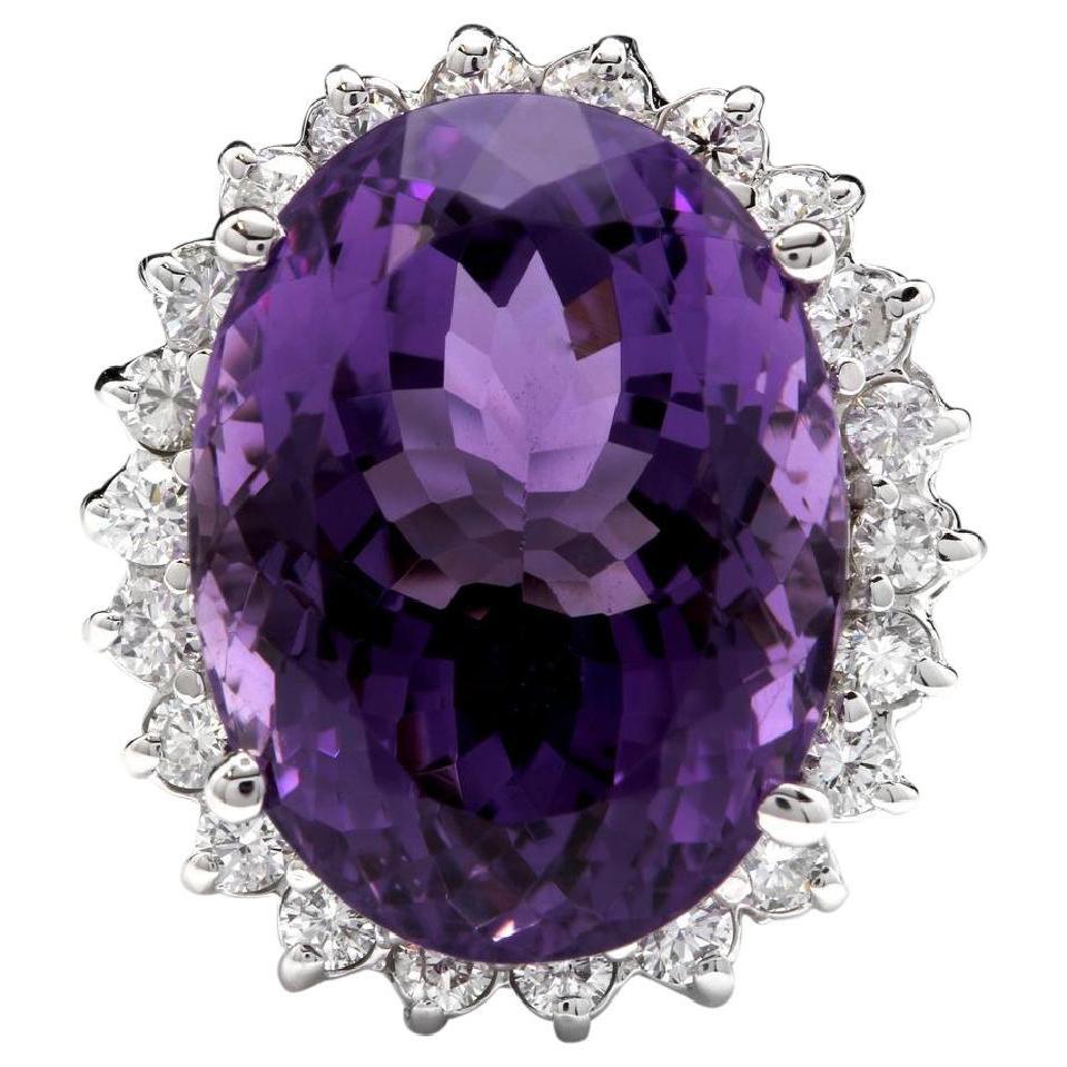 15.00 Carat Natural Amethyst and Diamond 14 Karat Solid White Gold Ring For Sale