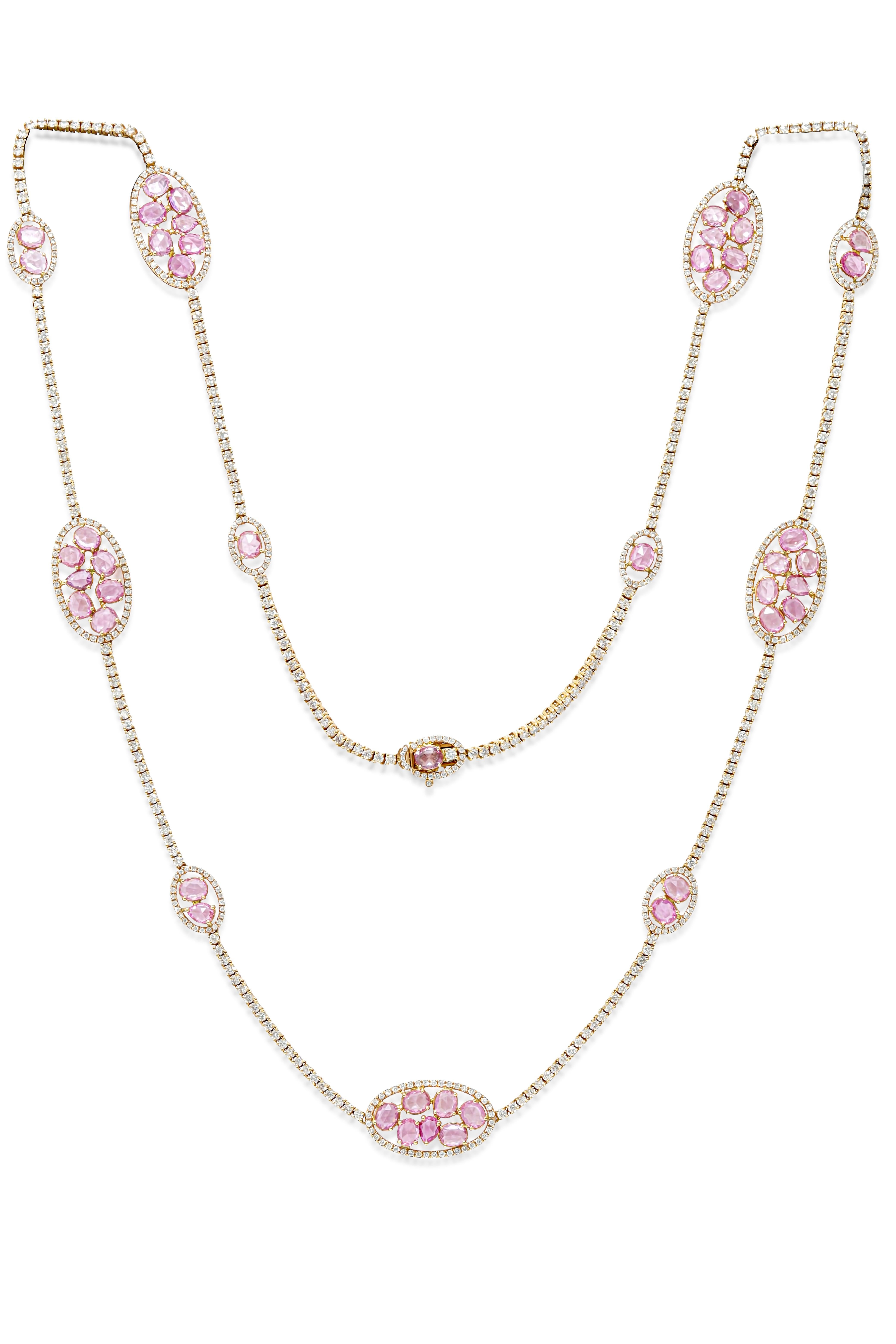 Women's Diana M Jewels 15.00 Carat Pink Sapphire and Diamond Riviera Necklace For Sale