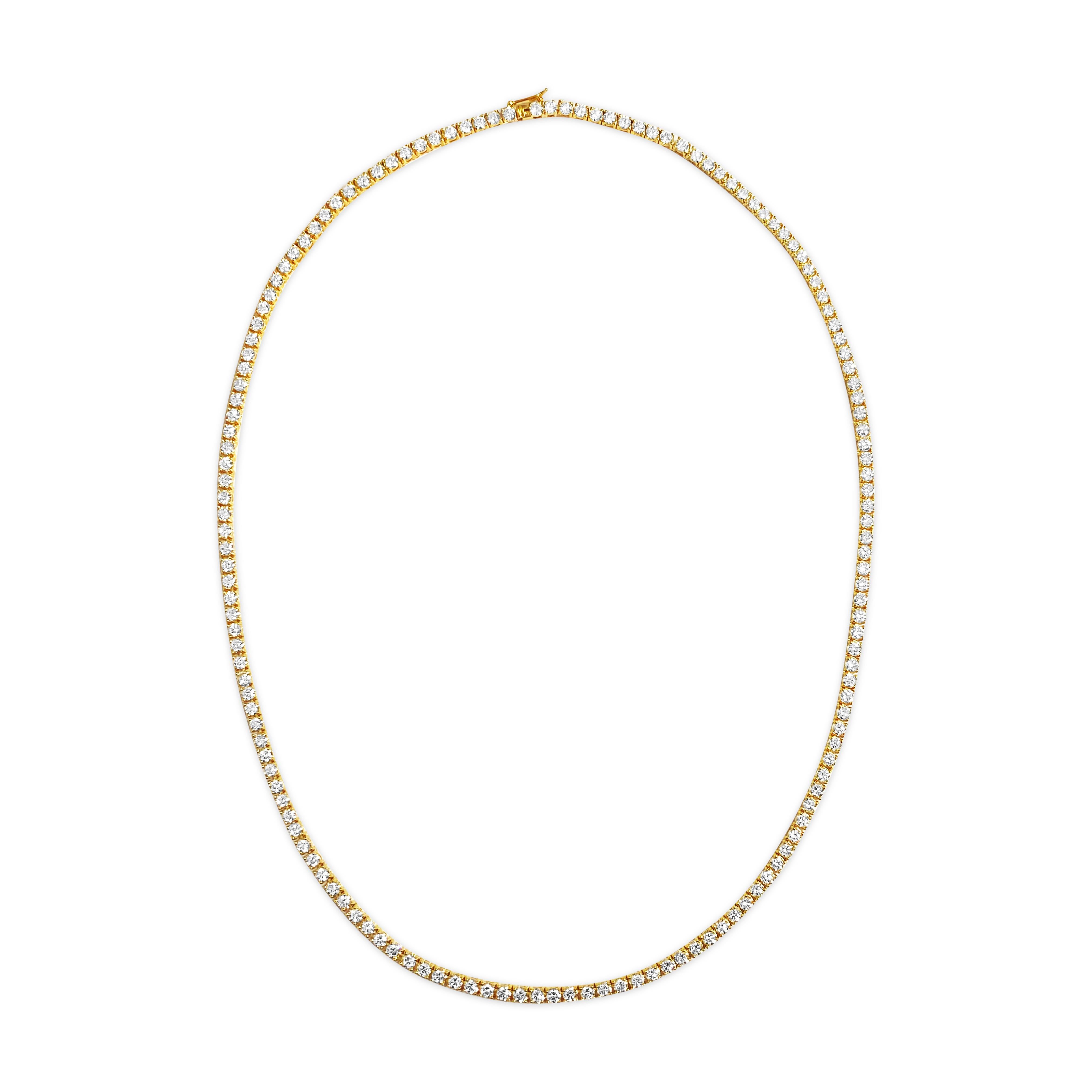 Metal: 14k yellow gold. 

Diamonds: 15.00cwt 
Round brilliant cut
VVS clarity. H color
100% natural earth mined diamonds

Diamonds set in prongs. 
Necklace length: 20 inches.  

Beautiful unisex diamond tennis necklace. Gorgeous luster and shine.