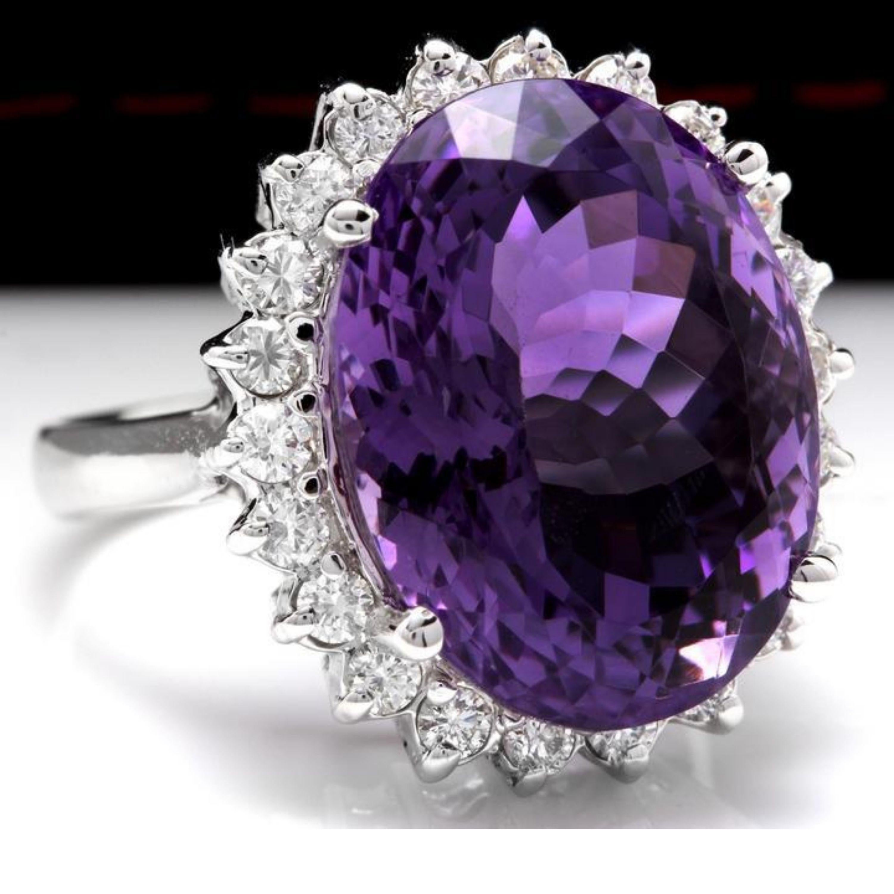 15.00 Carats Natural Amethyst and Diamond 14K Solid White Gold Ring

Total Natural Oval Shaped Amethyst Weights: Approx. 14.00 Carats

Amethyst Measures: 16 x 12mm

Natural Round Diamonds Weight: Approx. 1.00 Carats (color G-H / Clarity