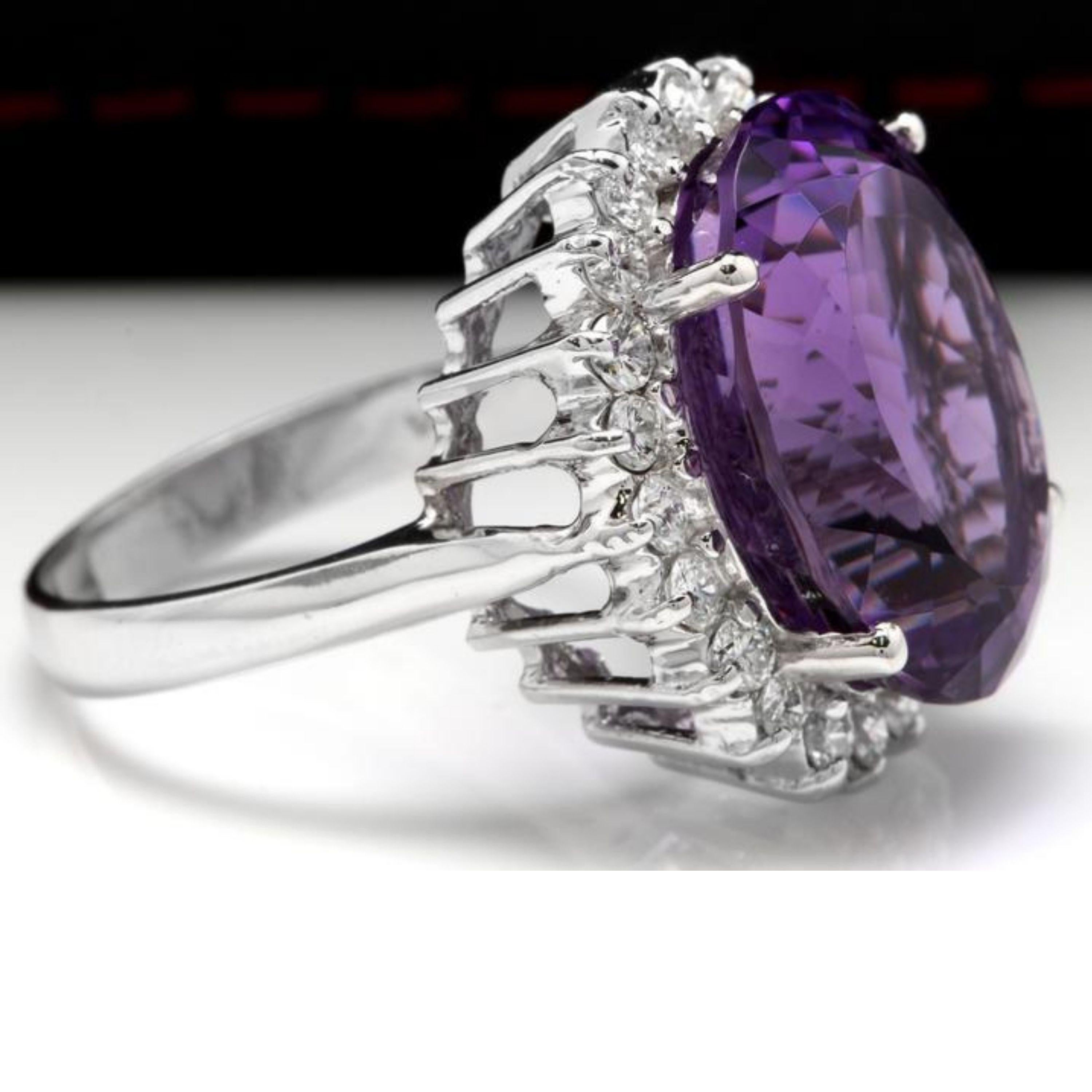 Mixed Cut 15.00 Carat Natural Amethyst and Diamond 14 Karat Solid White Gold Ring For Sale