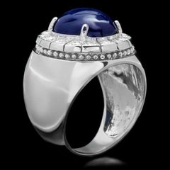 Bague pour homme en or blanc massif 14 carats avec saphir bleu naturel de 15 carats et diamants