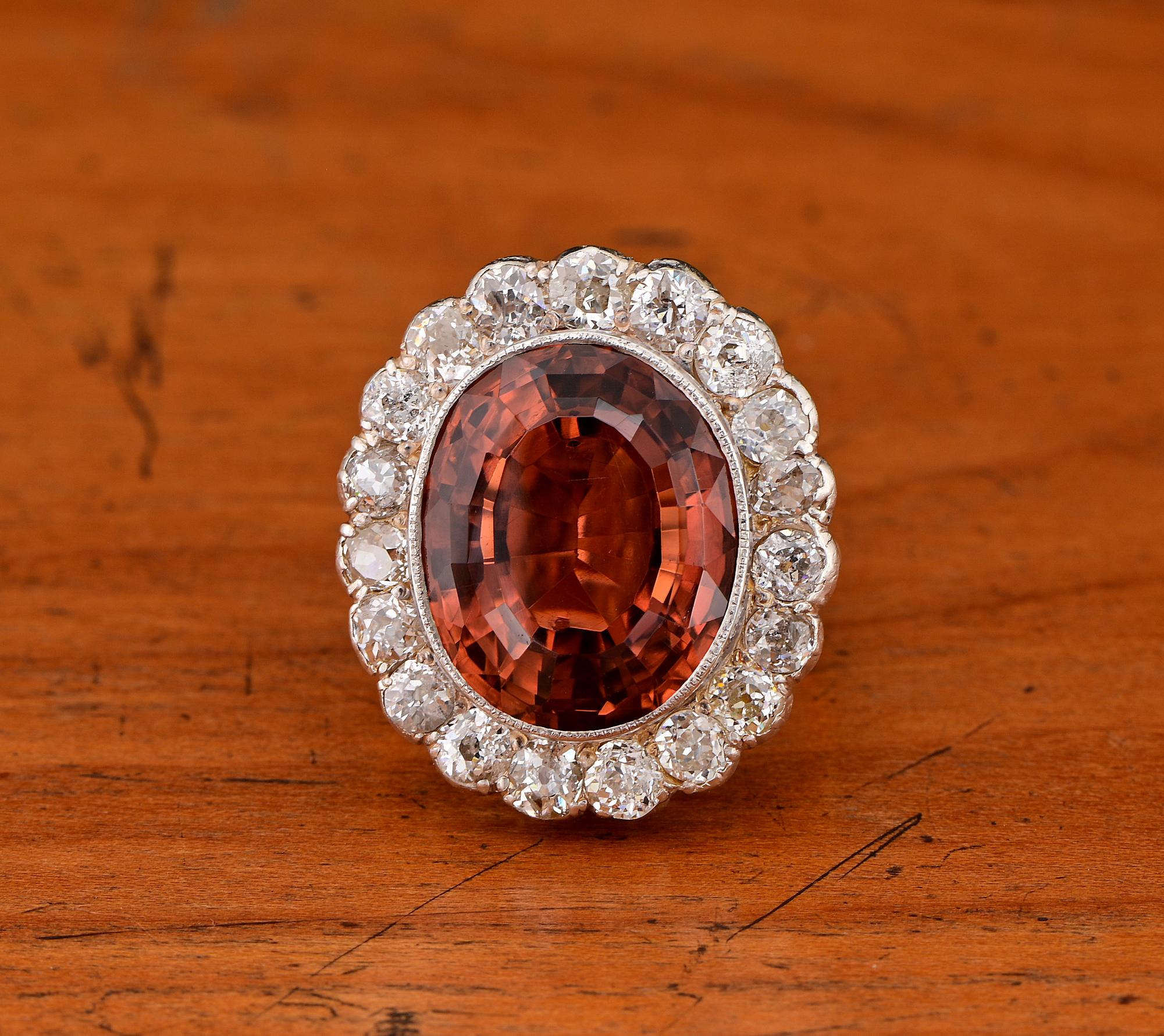 Surprisingly Beautiful
This outstanding antique ring is Victorian  transitional Edwardian period 1890/1900 ca
Large statement ring designed upon the main stone as classy cluster to surpass time as a stand out for ever
Hand crafted of solid 18 kt