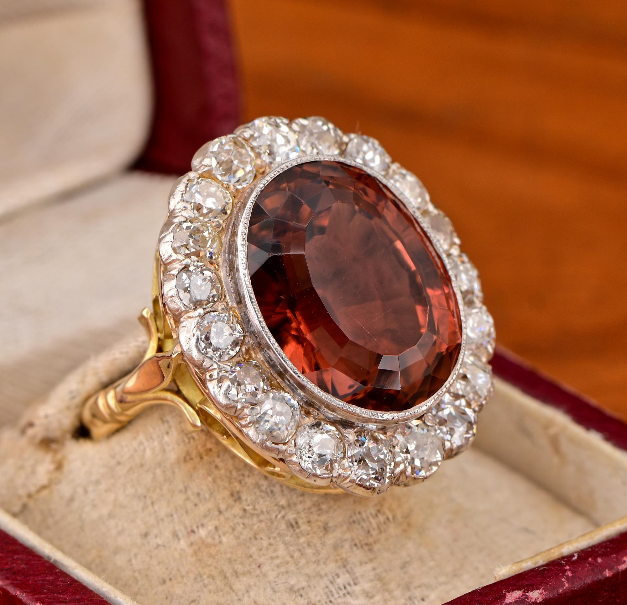 Victorian 15.00 Ct Untreated Tourmaline 3.00 Ct Mine antique Diamond Ring For Sale