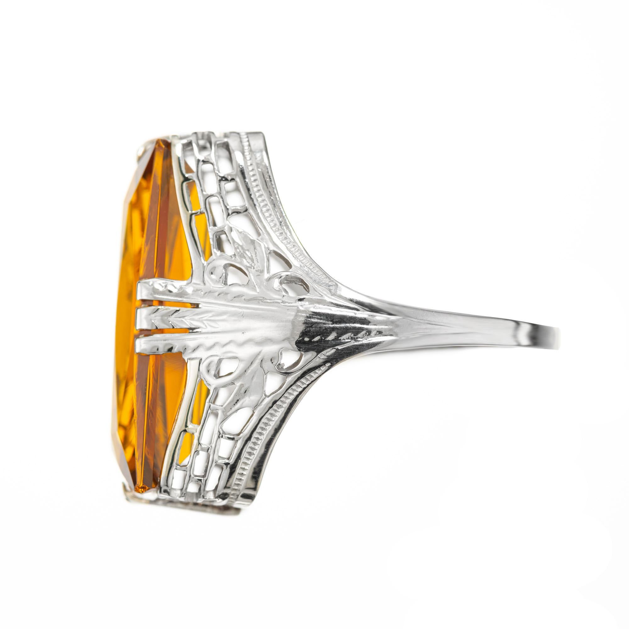 Mixed Cut 15.00ct Orange Yellow Citrine White Gold Estate Art Deco Filigree Cocktail Ring For Sale