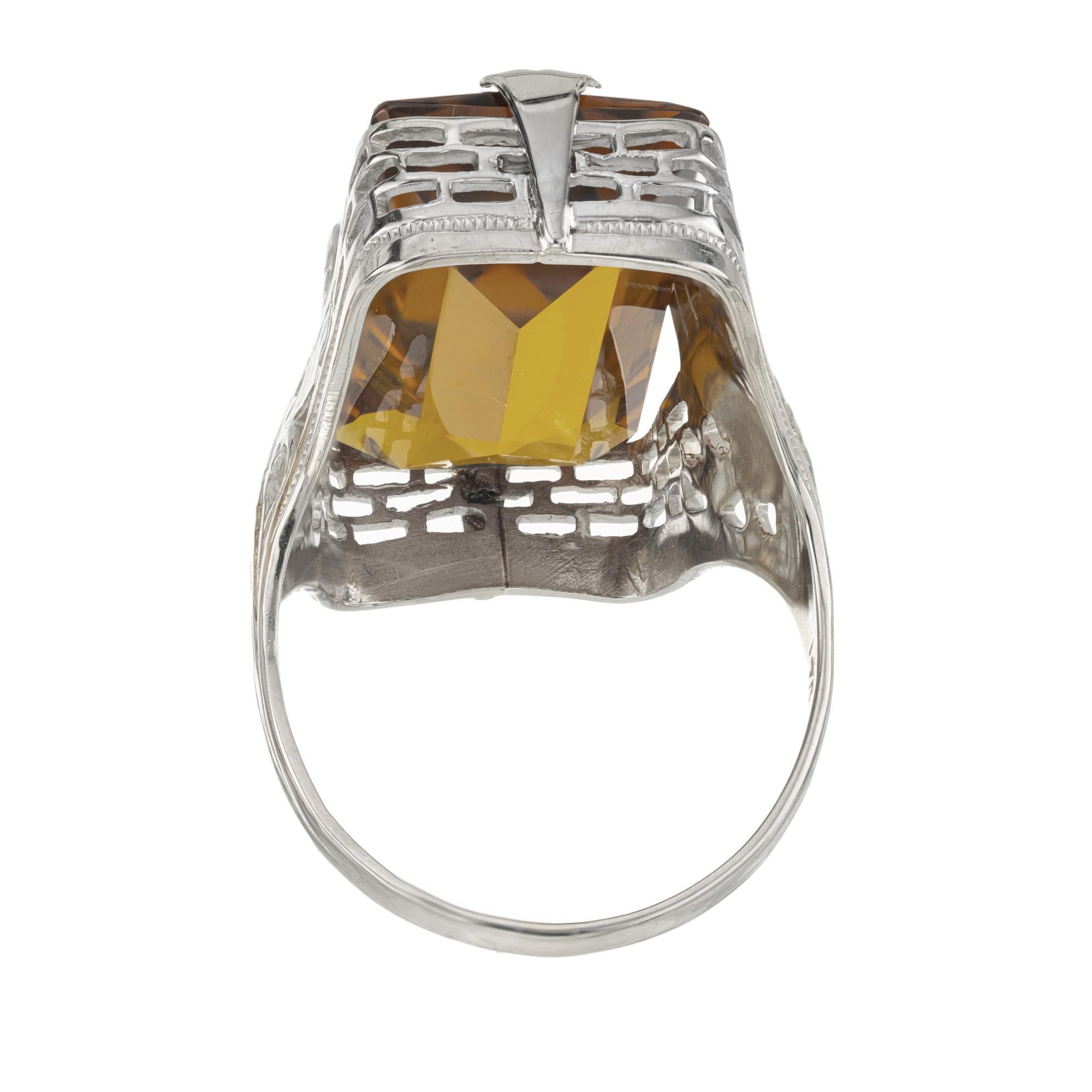 15.00ct Orange Yellow Citrine White Gold Estate Art Deco Filigree Cocktail Ring In Good Condition For Sale In Stamford, CT