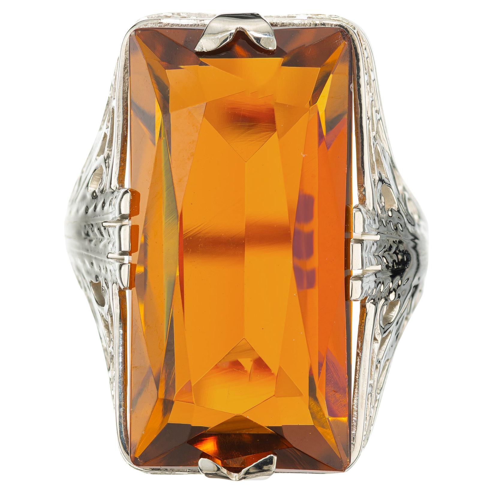 15.00ct Orange Yellow Citrine White Gold Estate Art Deco Filigree Cocktail Ring For Sale