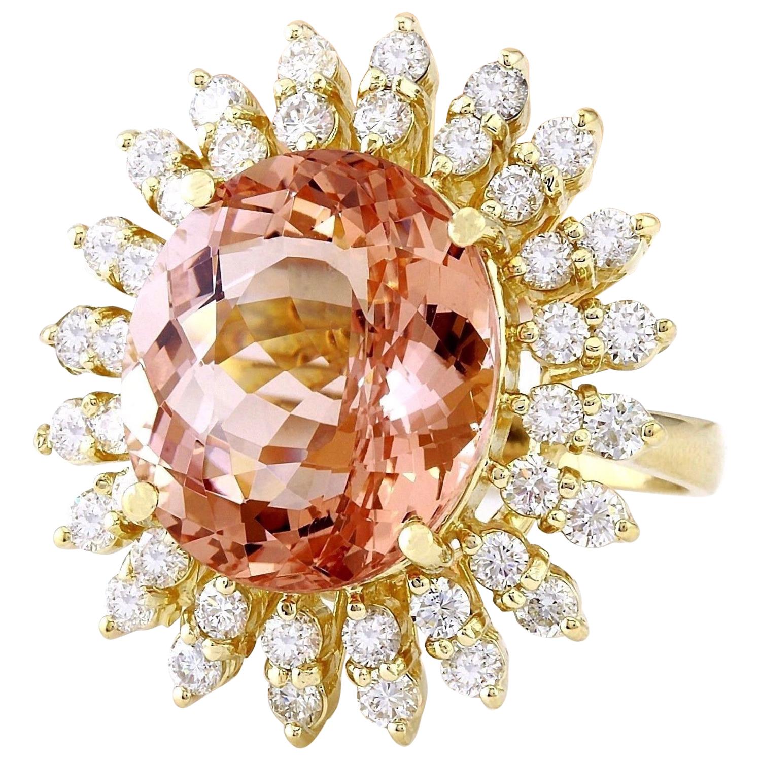 Introducing our stunning 15.01 Carat Morganite Ring, crafted in luxurious 14K Solid Yellow Gold. The centerpiece of this exquisite piece is a mesmerizing oval-cut morganite, weighing 13.01 carats and measuring 16.00x12.00 mm. Surrounding this