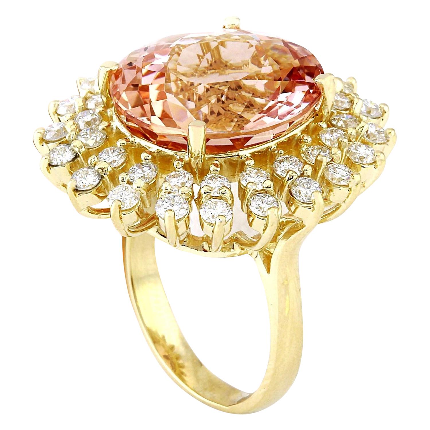 Oval Cut Natural Morganite Diamond Ring In 14 Karat Solid Yellow Gold  For Sale