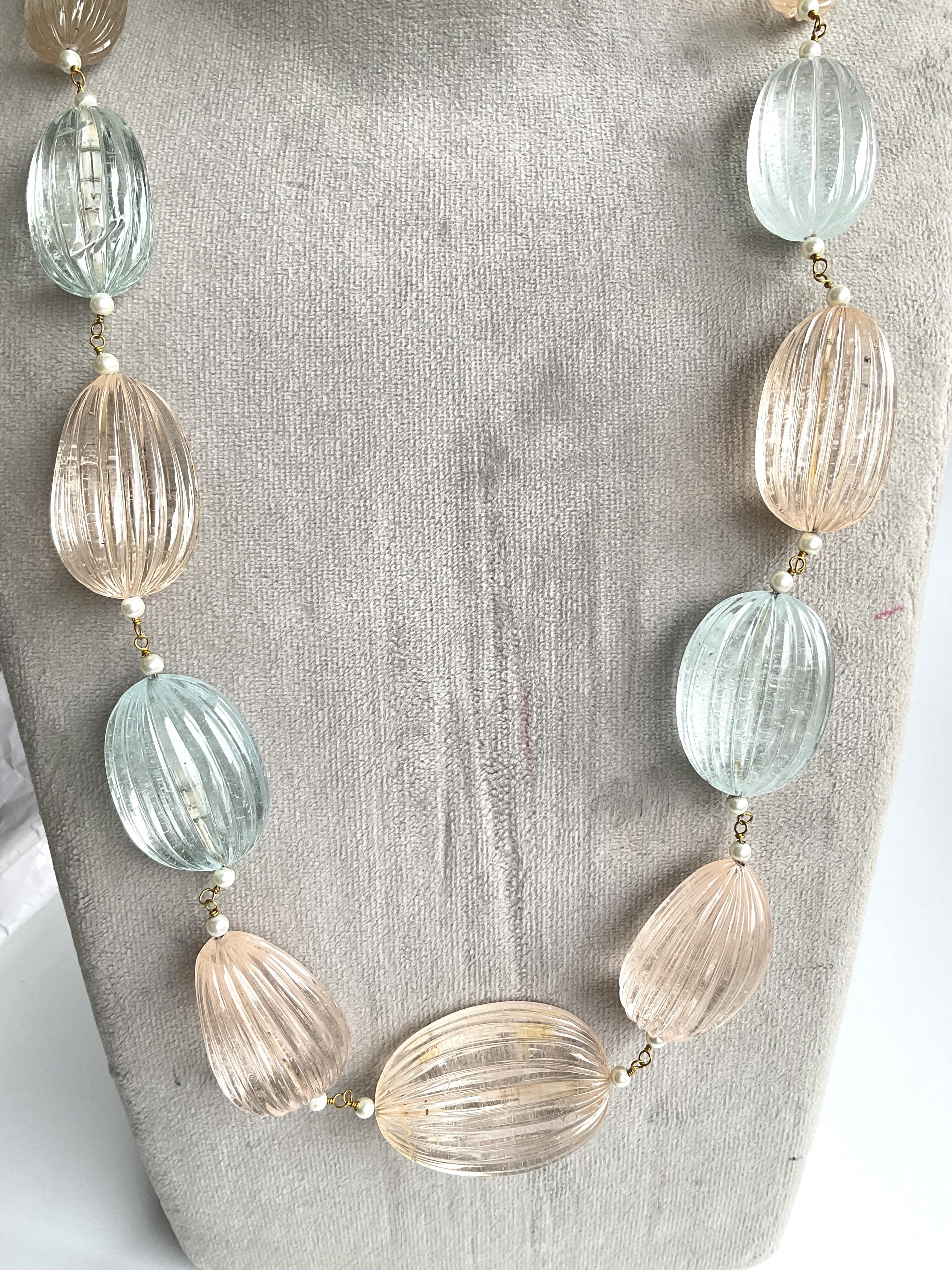 Art Deco 1501.35 carats Aquamarine Morganite Jewelry fluted Tumbled Necklace beryl Gems For Sale