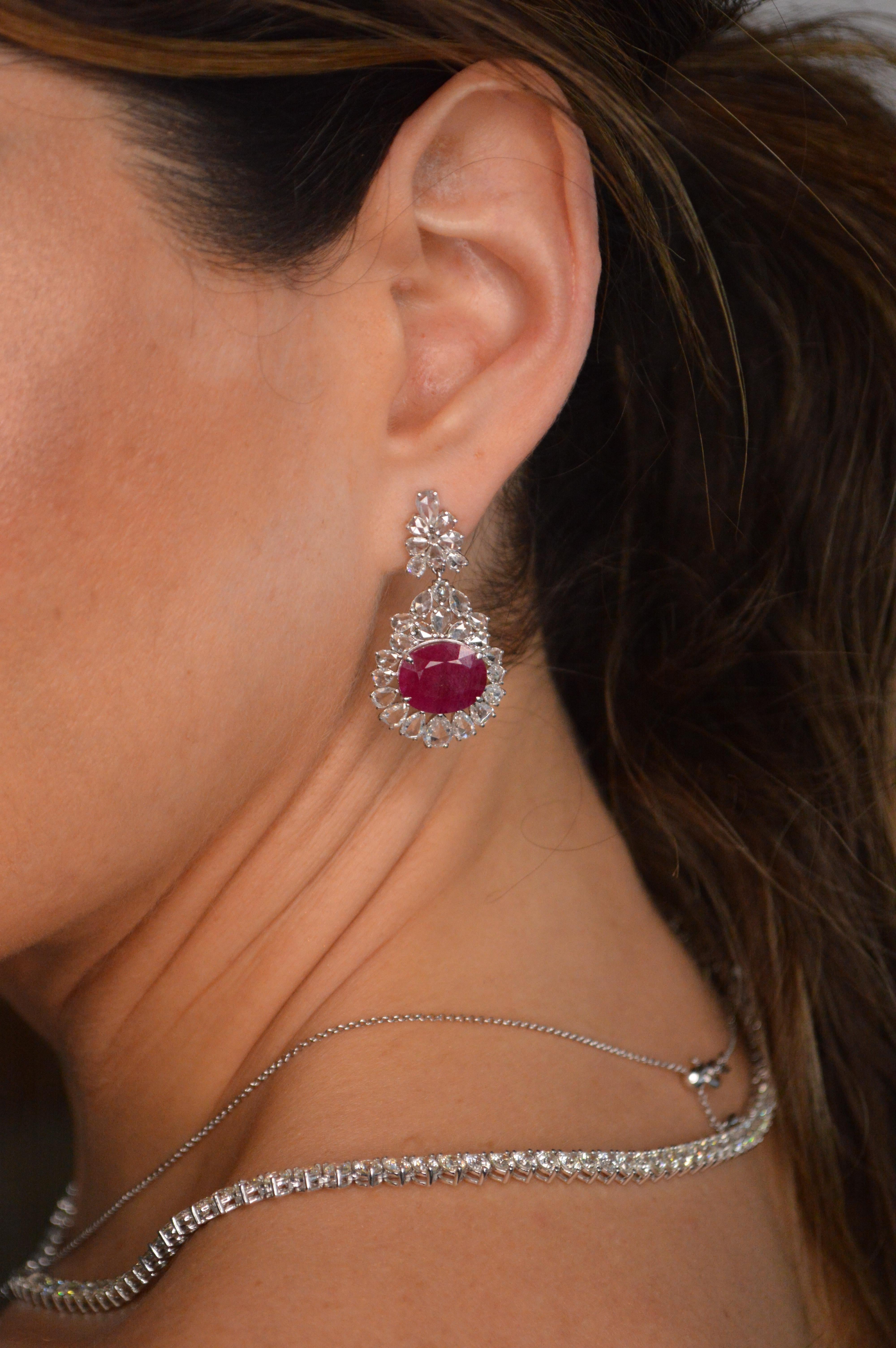 Modern 15.01cts Rose Cut Diamond Ruby 18K Gold Earrings