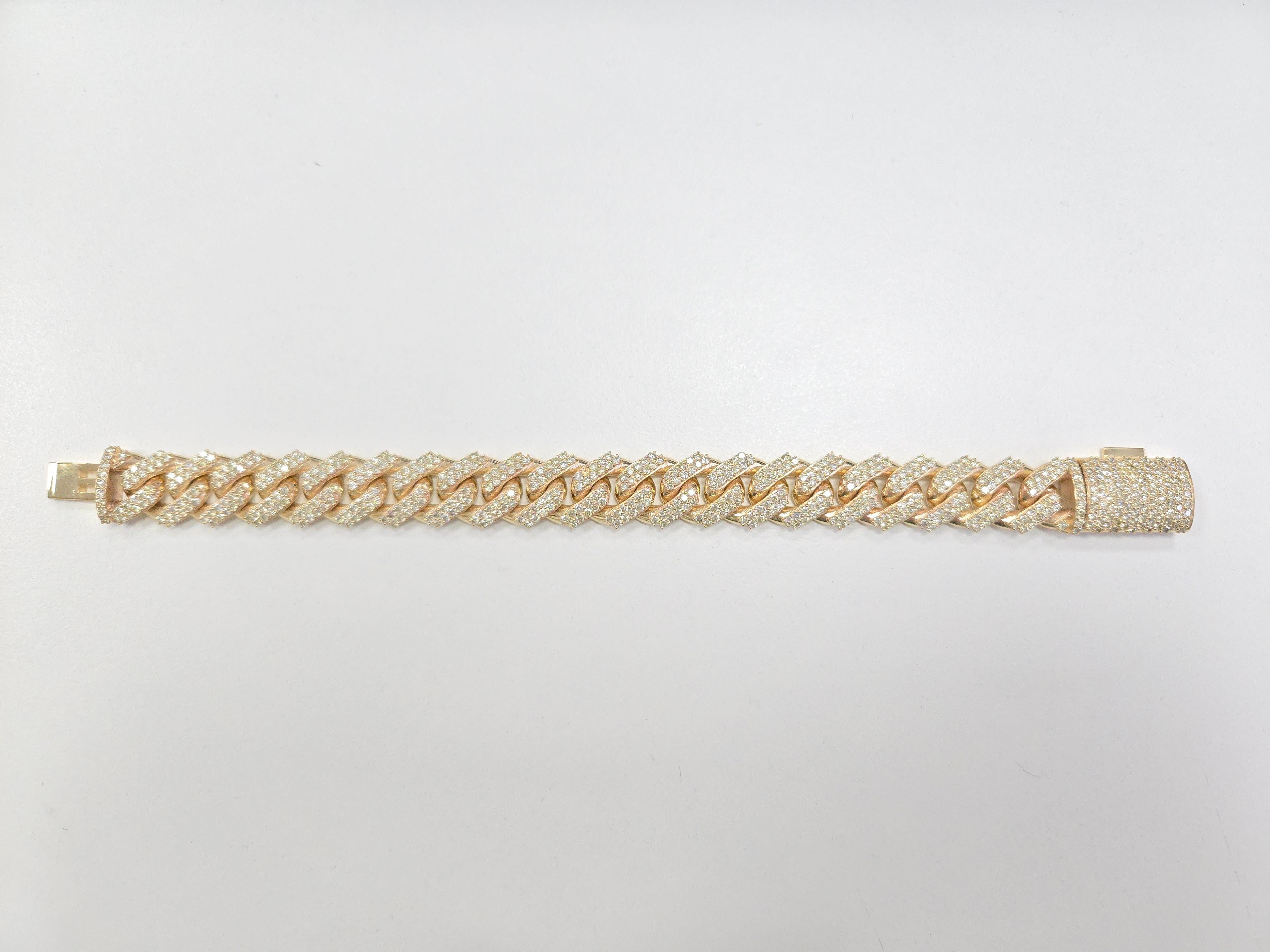 Round Cut 15.02 Carat Natural Diamond Cuban Bracelet Solid 14 Karat Yellow Gold For Sale