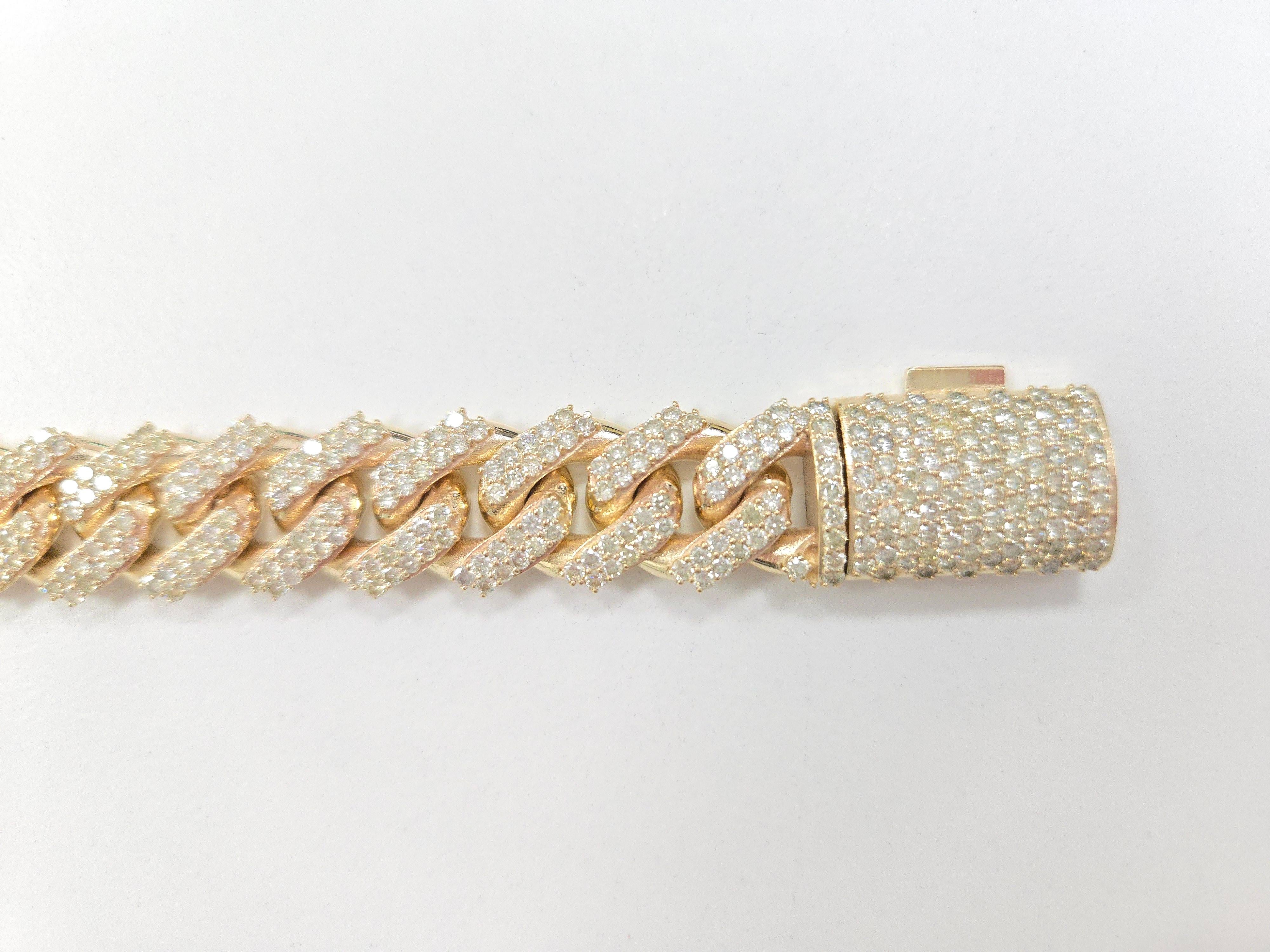 15.02 Carat Natural Diamond Cuban Bracelet Solid 14 Karat Yellow Gold In New Condition For Sale In Great Neck Plaza, NY