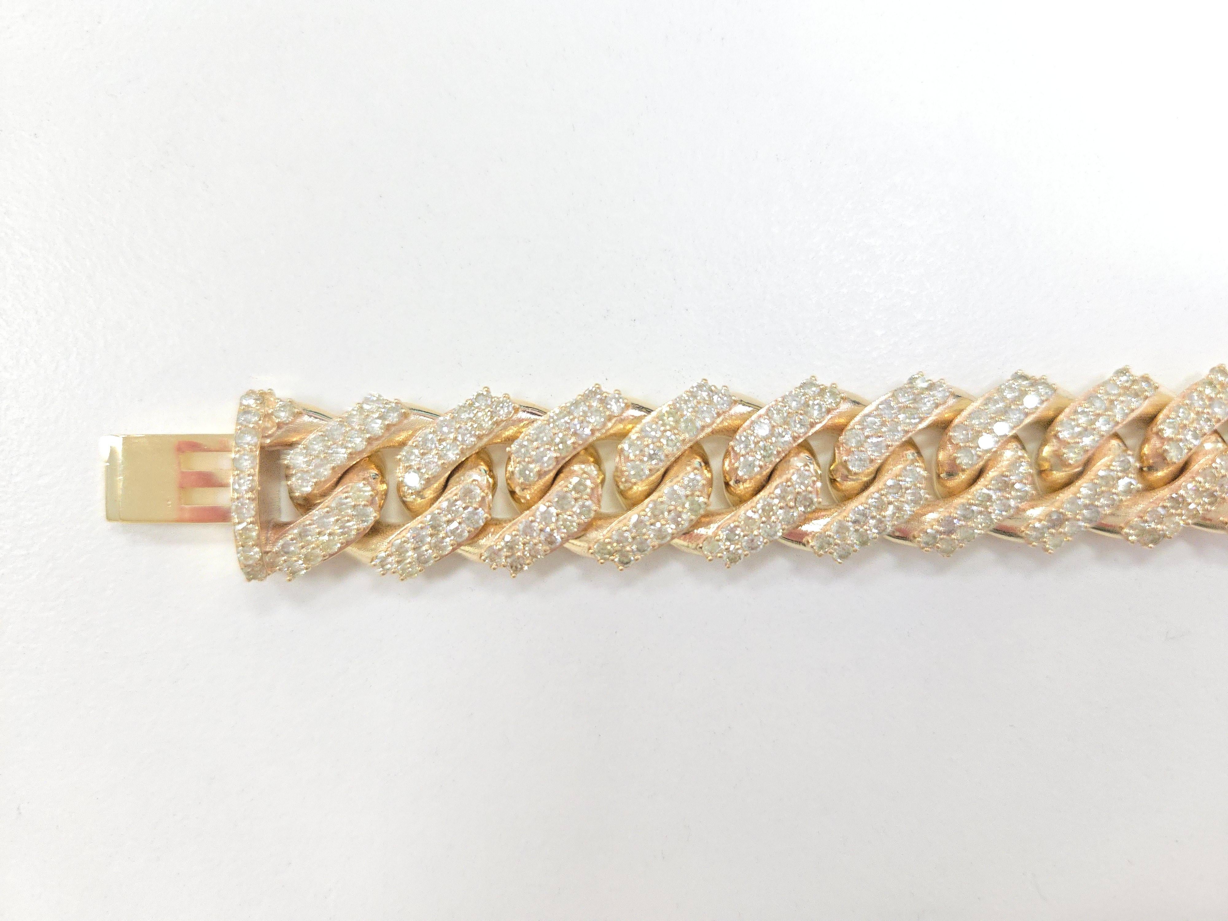 Women's or Men's 15.02 Carat Natural Diamond Cuban Bracelet Solid 14 Karat Yellow Gold For Sale