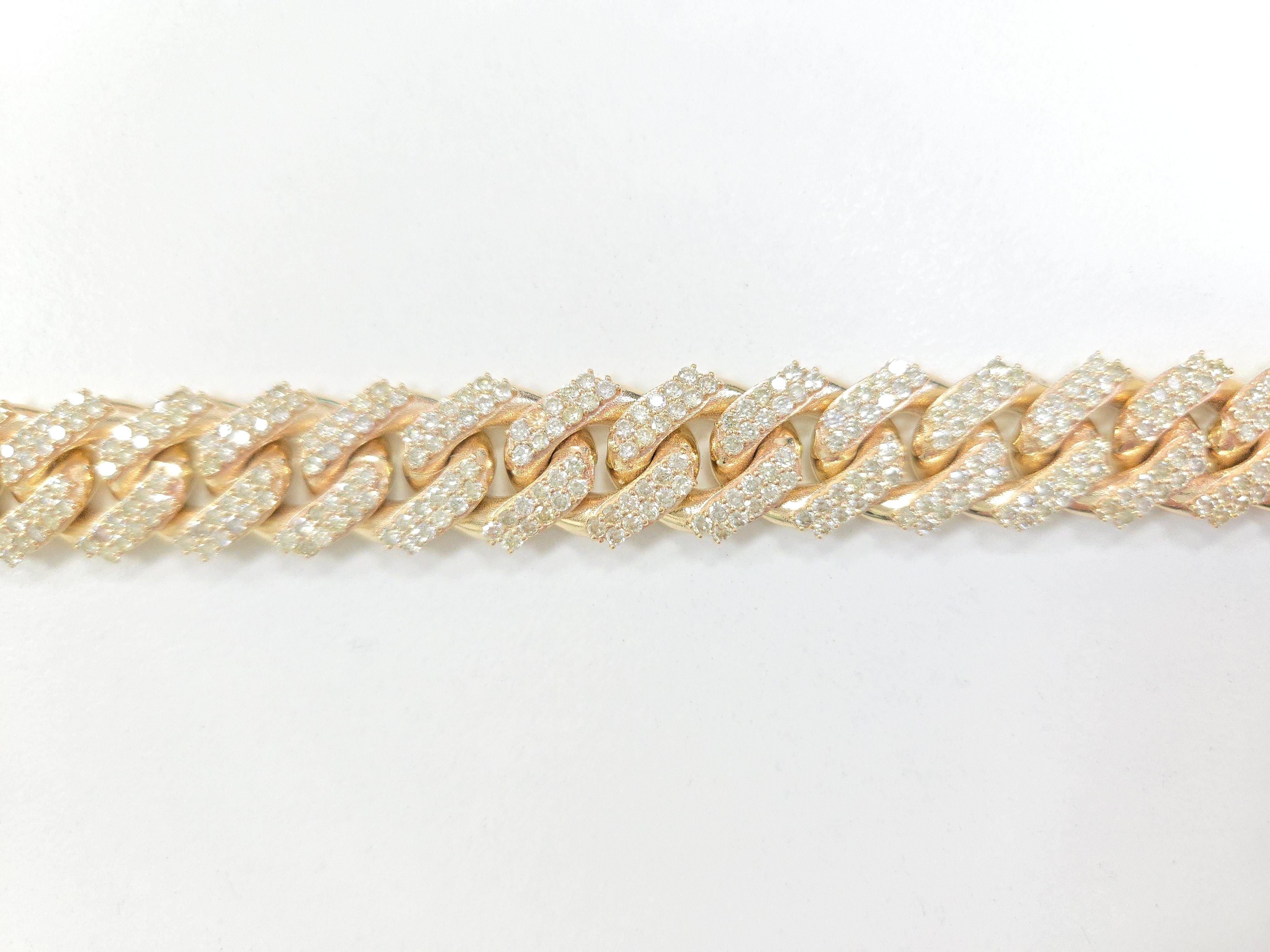 15.02 Carat Natural Diamond Cuban Bracelet Solid 14 Karat Yellow Gold For Sale 1