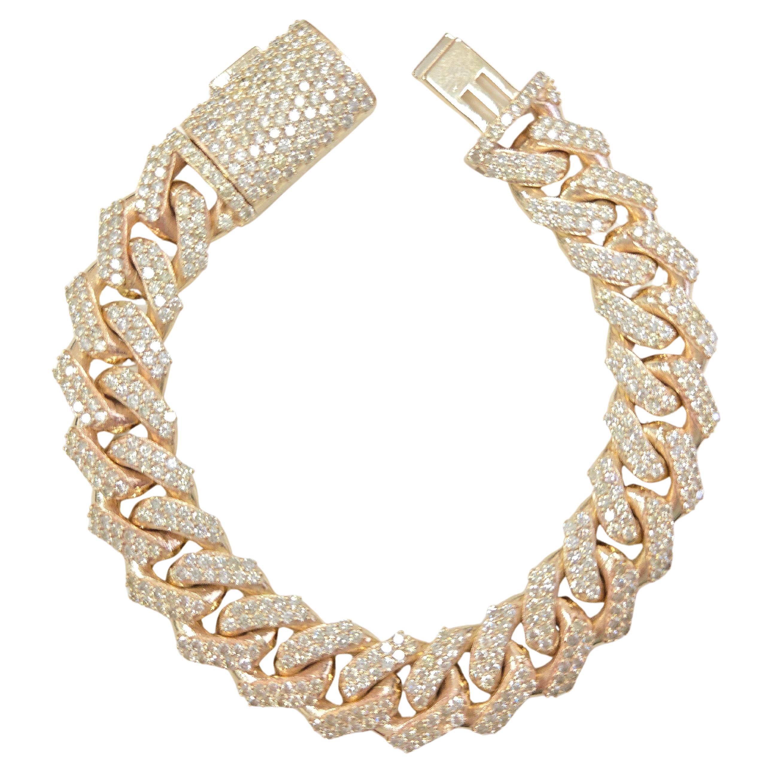 15.02 Carat Natural Diamond Cuban Bracelet Solid 14 Karat Yellow Gold For Sale