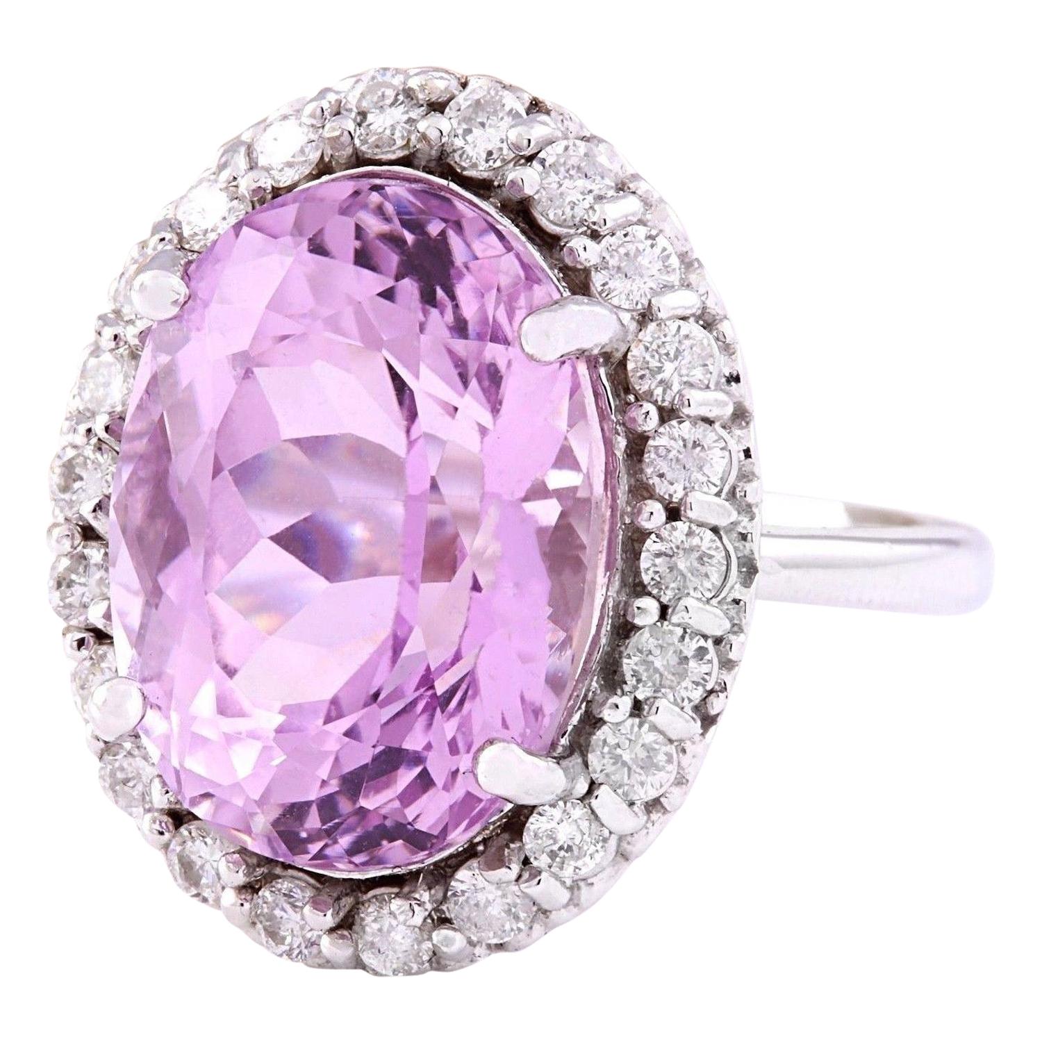 15.02 Carat Natural Kunzite 14K Solid White Gold Diamond Ring
 Item Type: Ring
 Item Style: Cocktail
 Material: 14K White Gold
 Mainstone: Kunzite
 Stone Color: Pink
 Stone Weight: 14.02 Carat
 Stone Shape: Oval
 Stone Quantity: 1
 Stone Dimensions:
