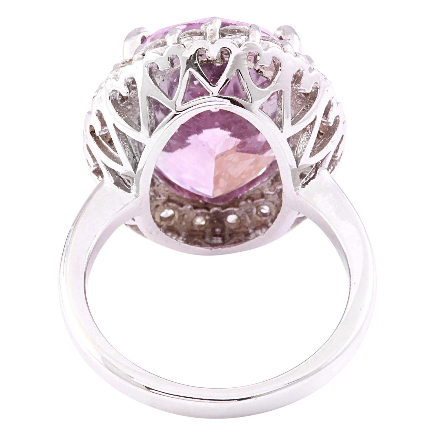 Oval Cut Natural Kunzite Diamond Ring In 14 Karat Solid White Gold  For Sale