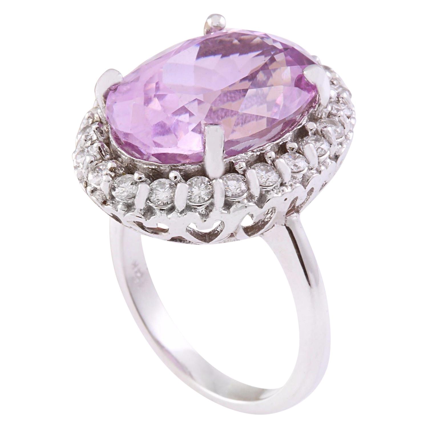 Natural Kunzite Diamond Ring In 14 Karat Solid White Gold  In New Condition For Sale In Manhattan Beach, CA