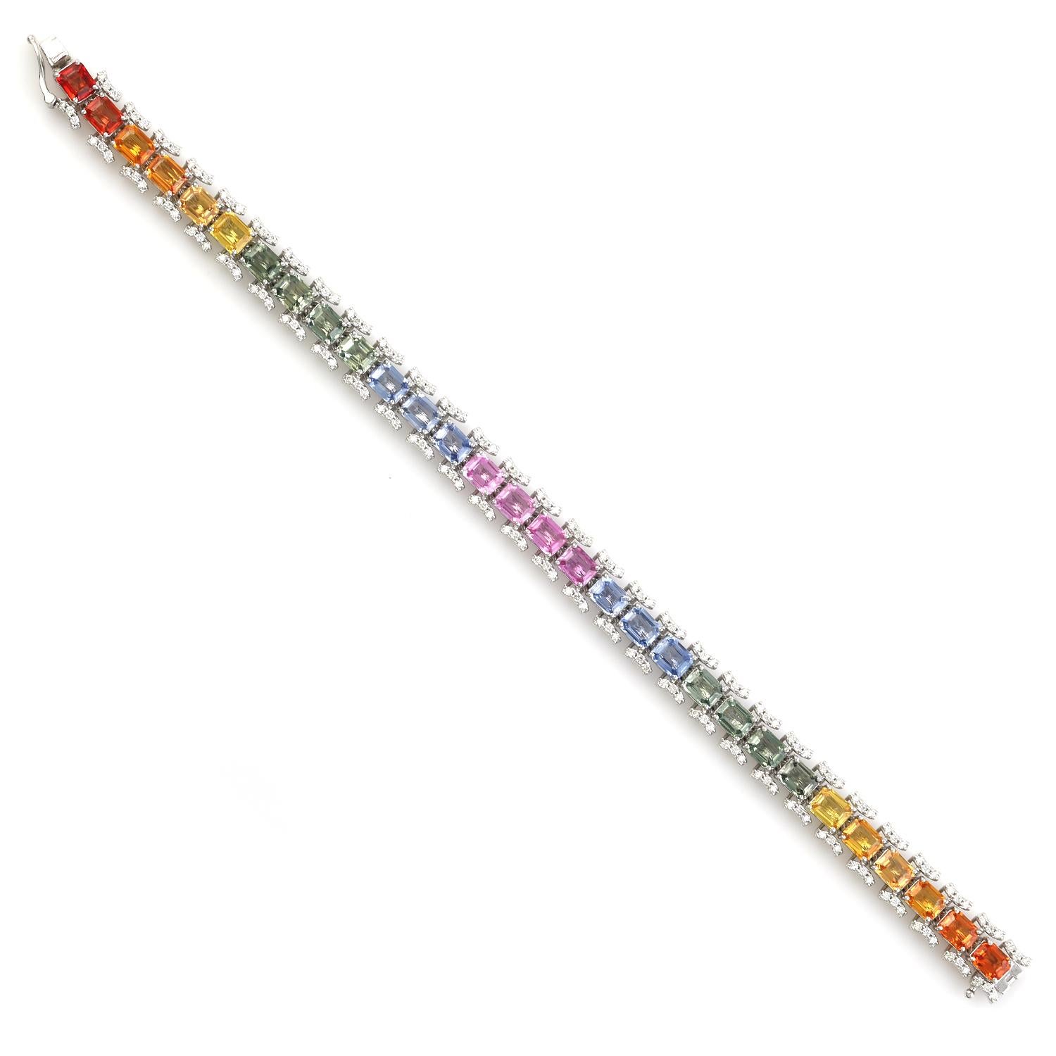 Contemporary 15.02 ct Rainbow Sapphire Bracelet With Diamonds Made In 18k White Gold For Sale