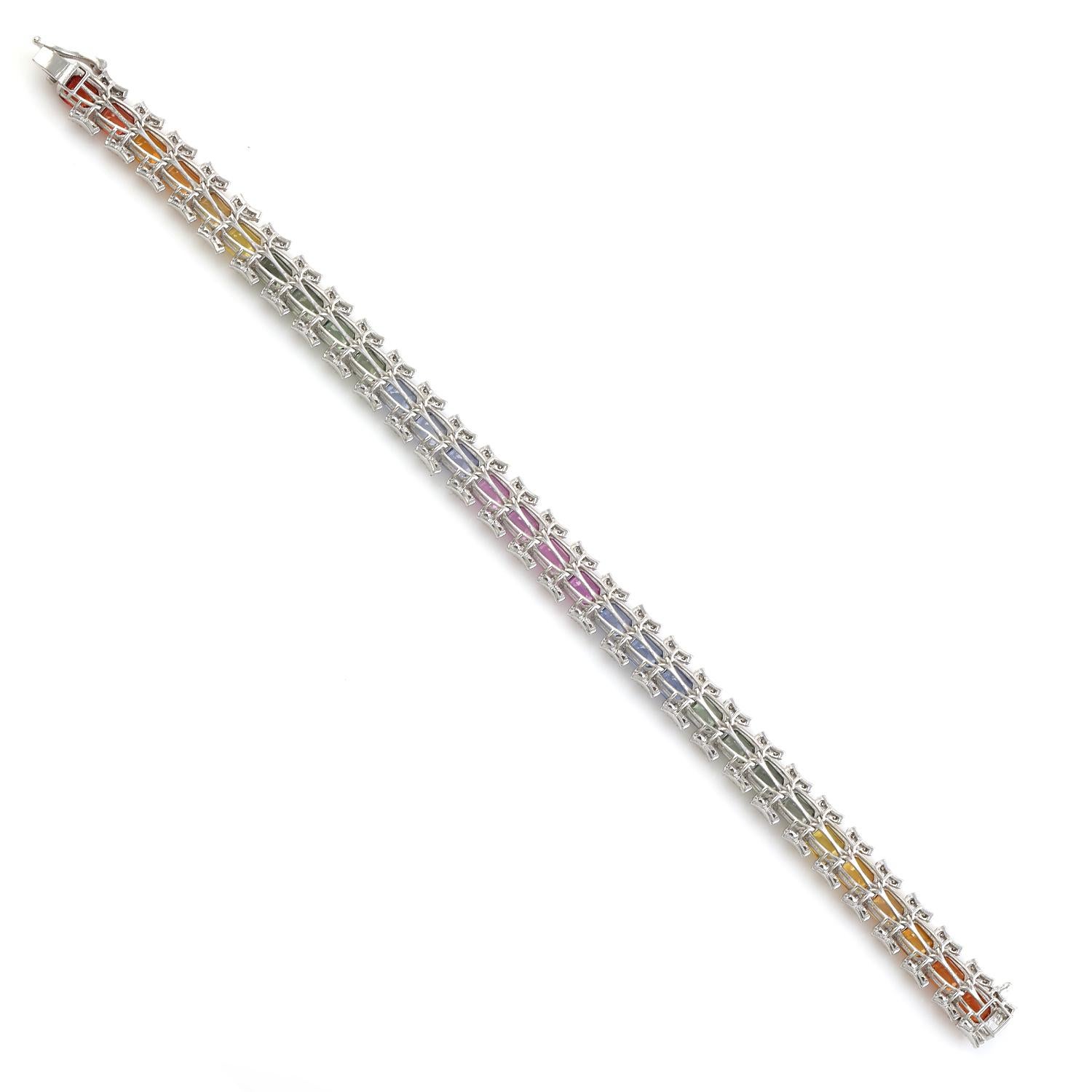 Mixed Cut 15.02 ct Rainbow Sapphire Bracelet With Diamonds Made In 18k White Gold For Sale