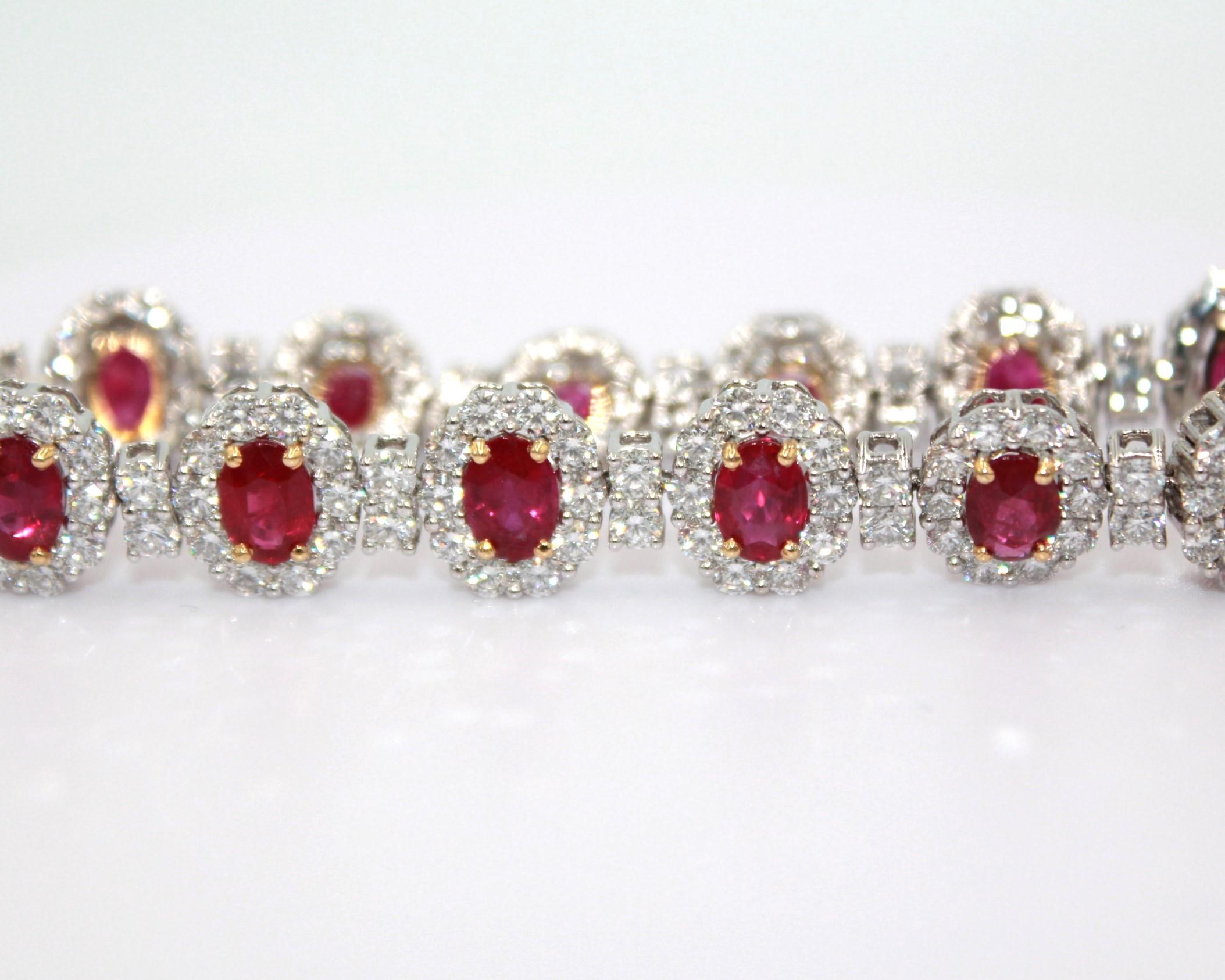 15.03 carats oval Burma Ruby with 168 round diamonds, totaling a diamond weight of 11.30 carats. 

This stunning Ruby & Diamond Bracelet will highlight your uniqueness and elegance. 

Item Details:
- Type: Bracelet
- Metal: 18K Gold

Color Stone